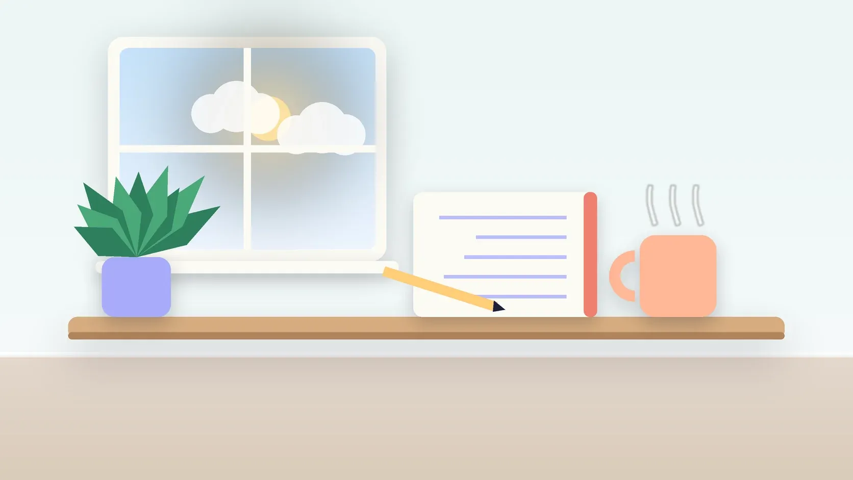 Illustration of a calm desk scene with a steaming mug, an open notebook and a plant beside a sunny window