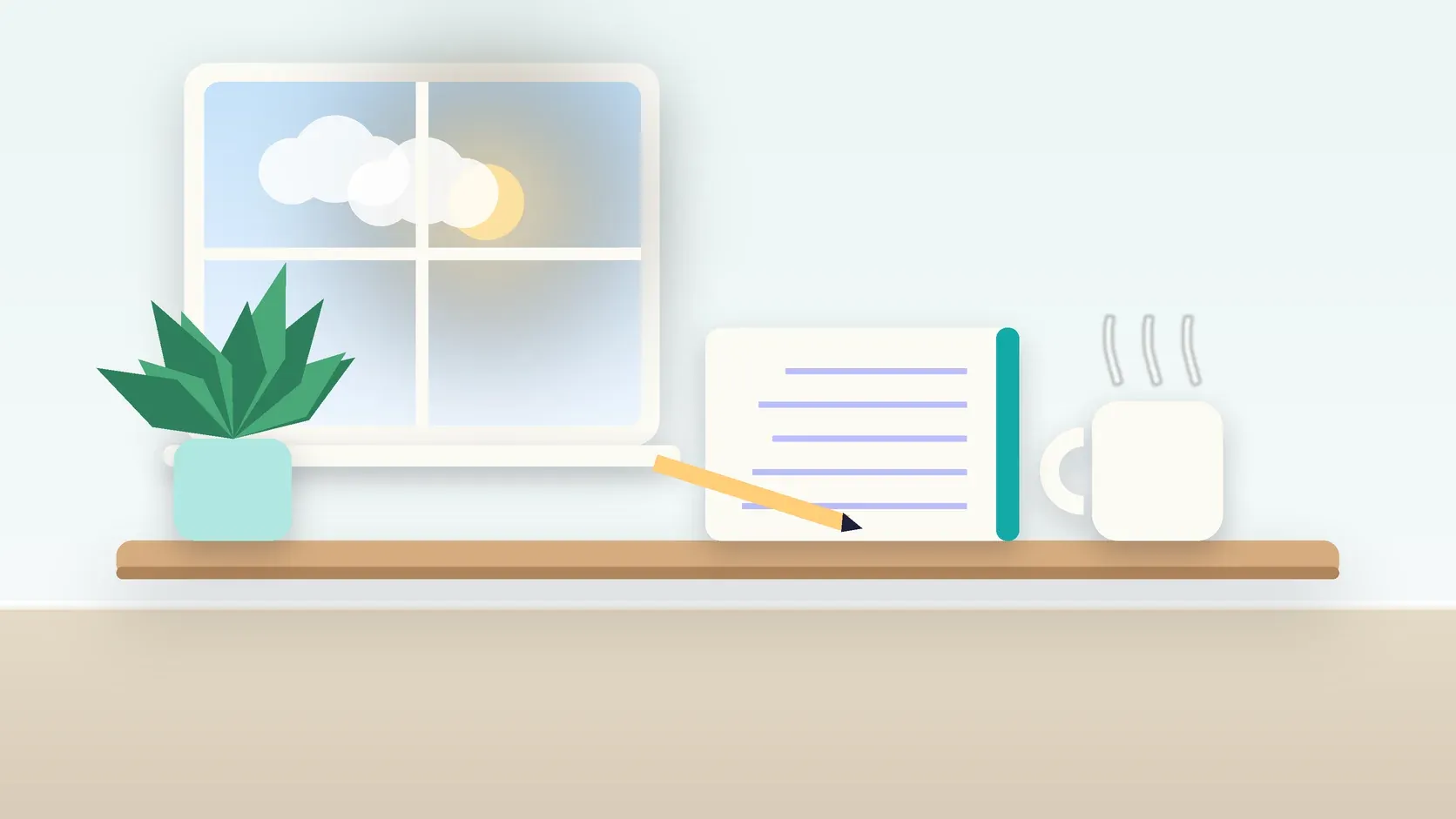 Illustration of a calm desk scene with a steaming mug, an open notebook and a plant beside a sunny window