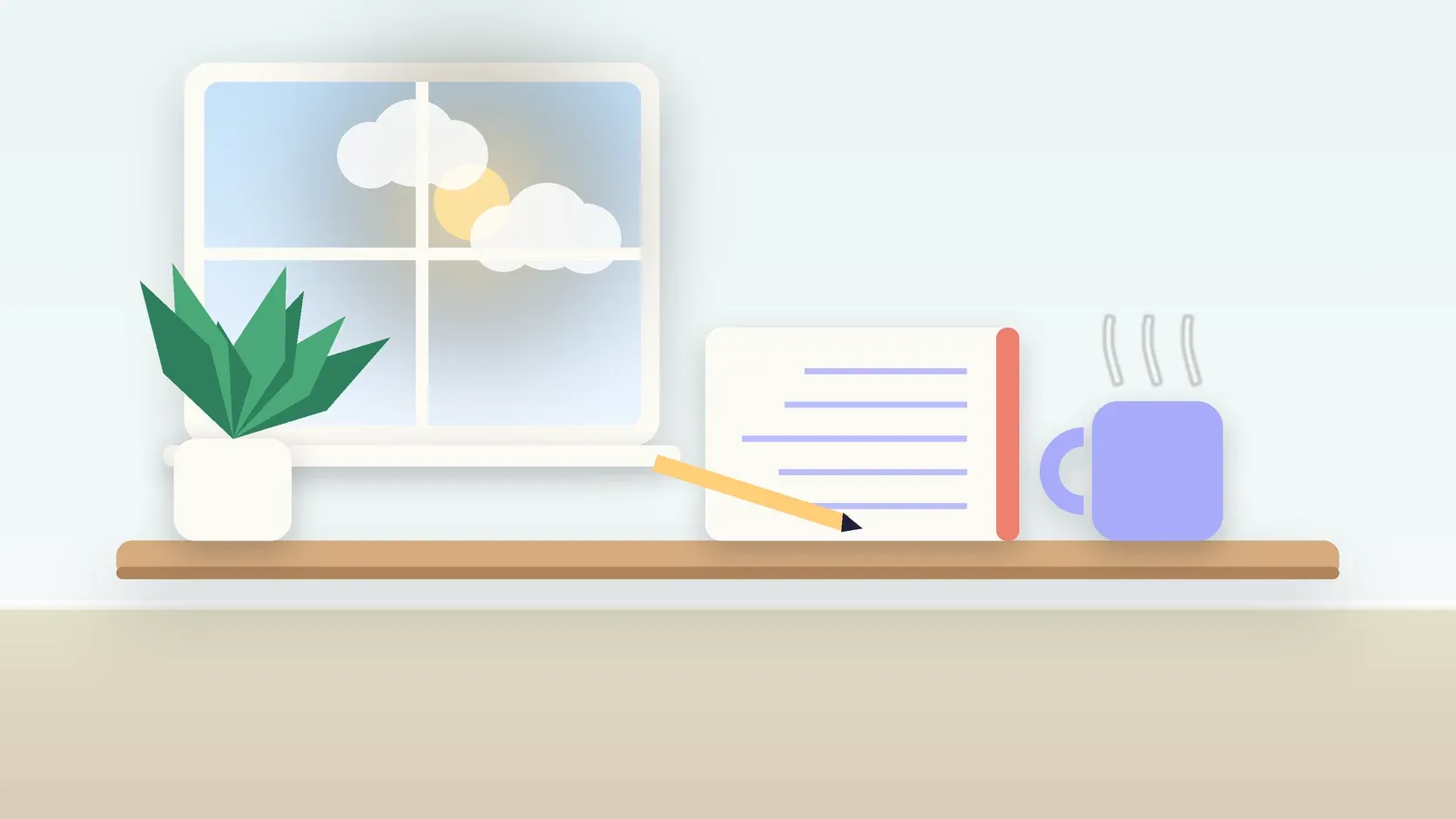 Illustration of a calm desk scene with a steaming mug, an open notebook and a plant beside a sunny window
