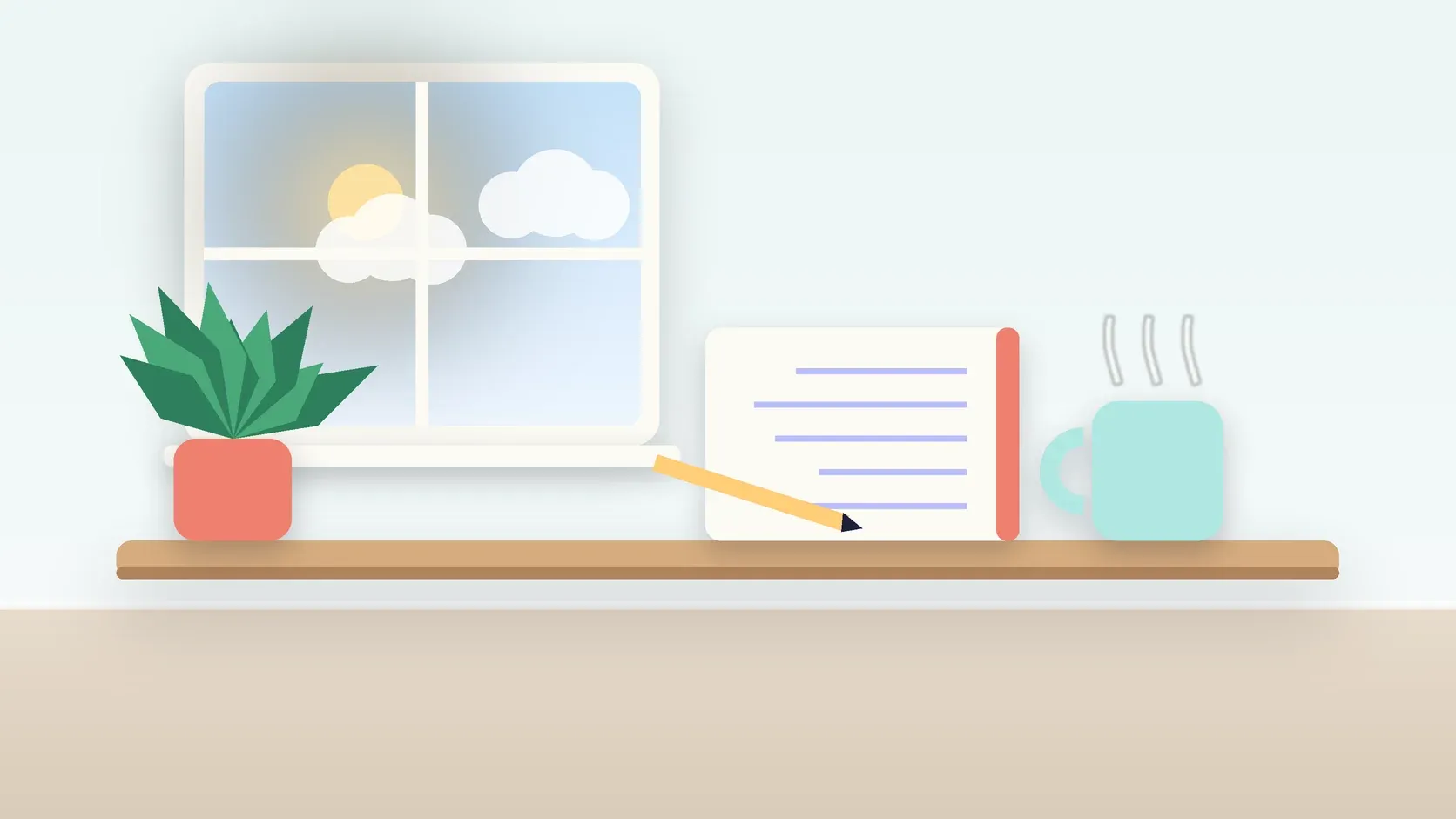 Illustration of a calm desk scene with a steaming mug, an open notebook and a plant beside a sunny window