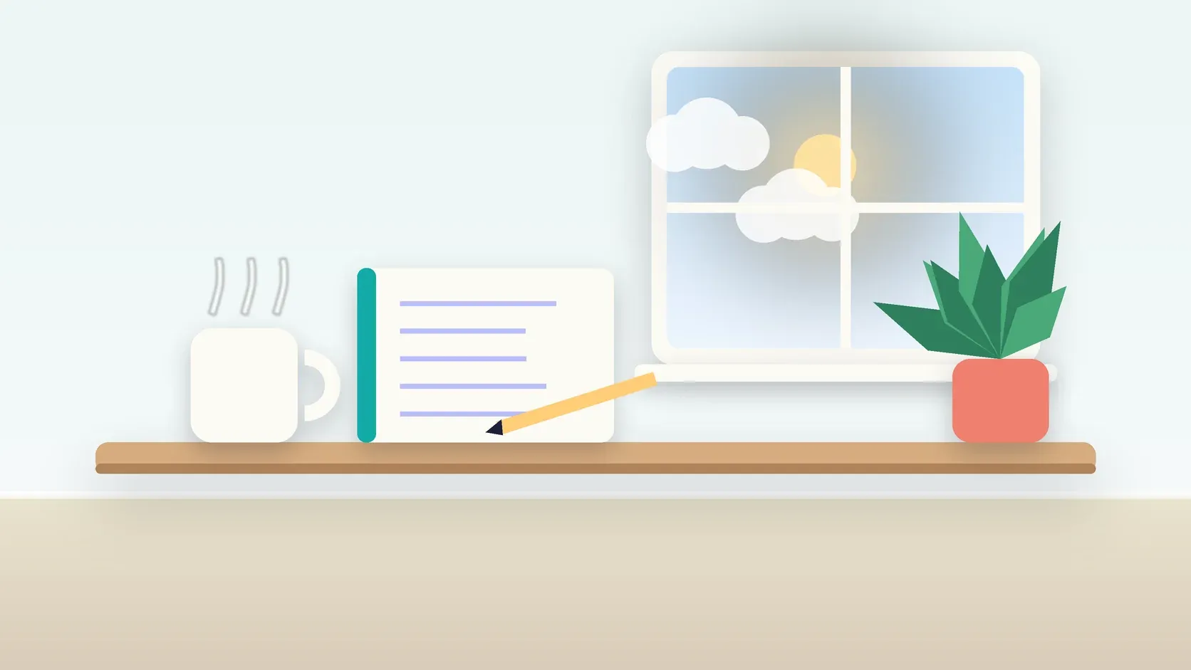 Illustration of a calm desk scene with a steaming mug, an open notebook and a plant beside a sunny window