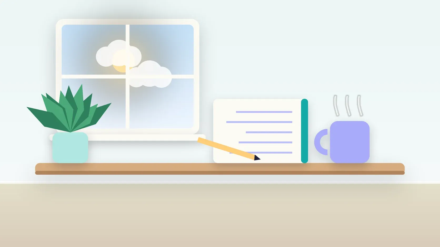Illustration of a calm desk scene with a steaming mug, an open notebook and a plant beside a sunny window