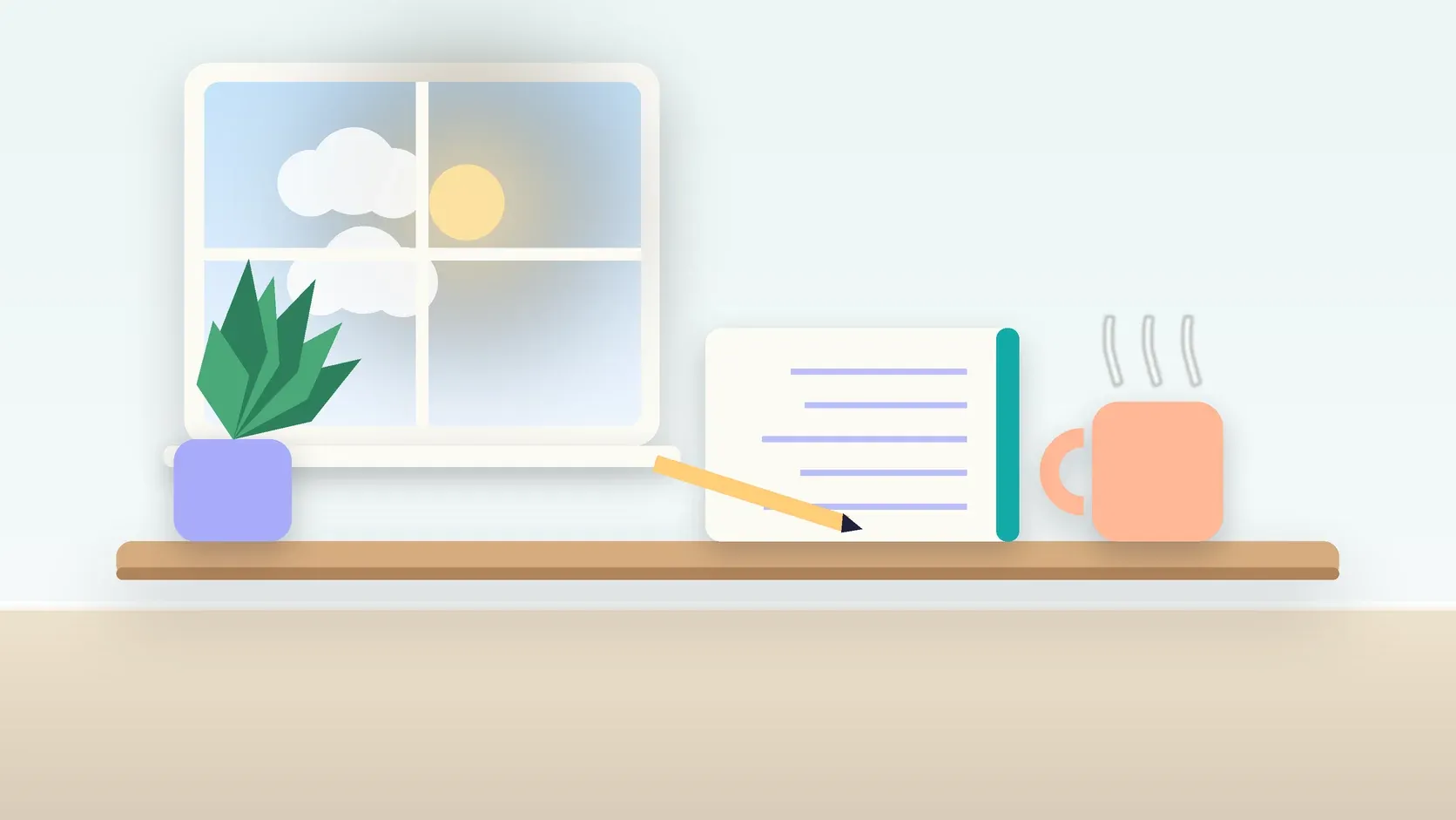 Illustration of a calm desk scene with a steaming mug, an open notebook and a plant beside a sunny window