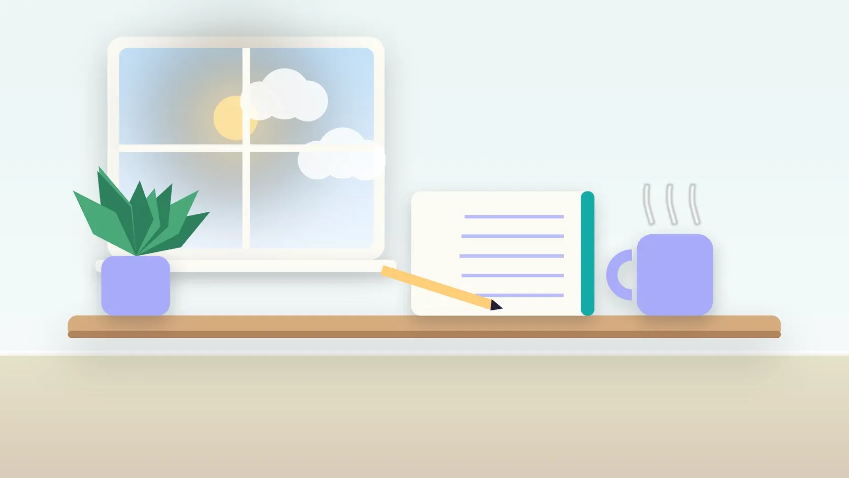 Illustration of a calm desk scene with a steaming mug, an open notebook and a plant beside a sunny window