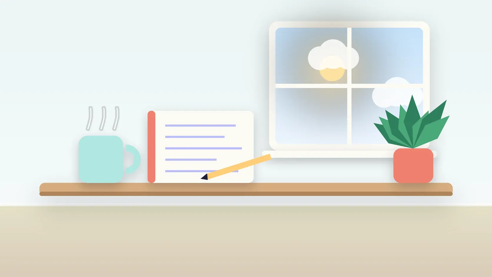Illustration of a calm desk scene with a steaming mug, an open notebook and a plant beside a sunny window