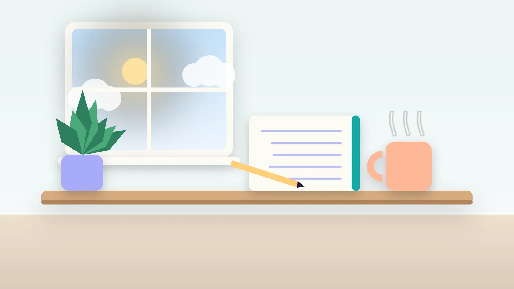 Illustration of a calm desk scene with a steaming mug, an open notebook and a plant beside a sunny window
