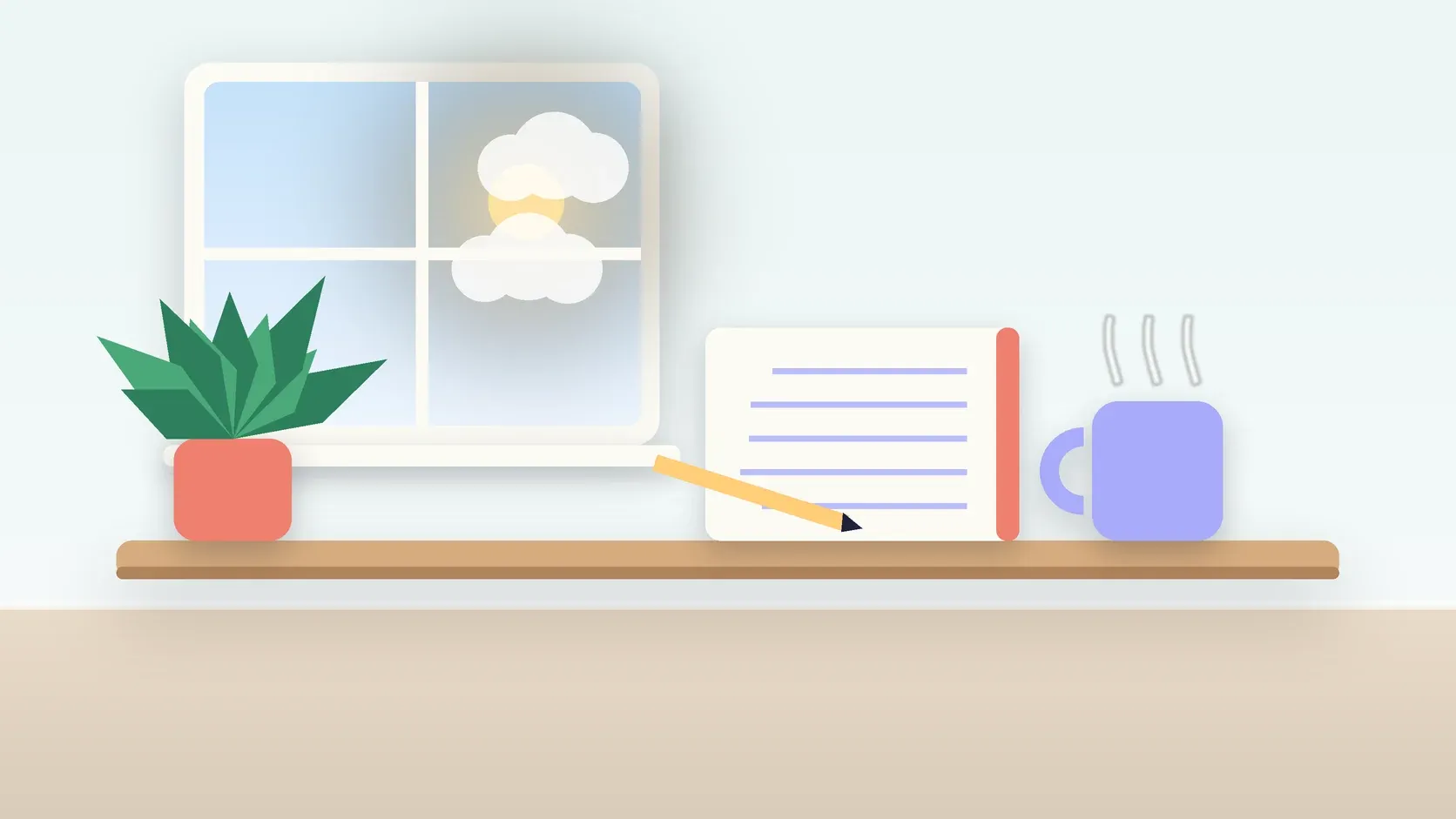Illustration of a calm desk scene with a steaming mug, an open notebook and a plant beside a sunny window
