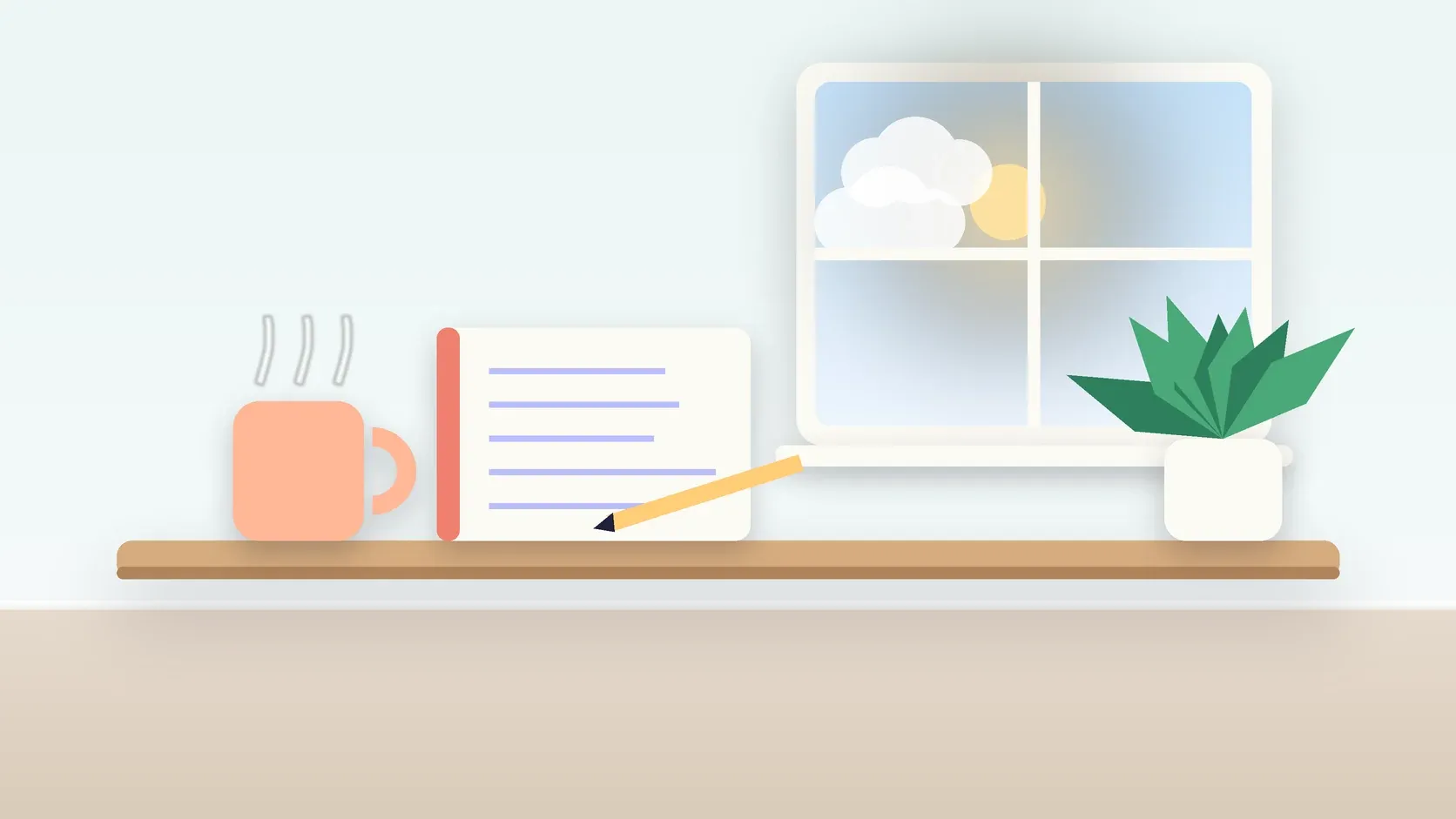 Illustration of a calm desk scene with a steaming mug, an open notebook and a plant beside a sunny window