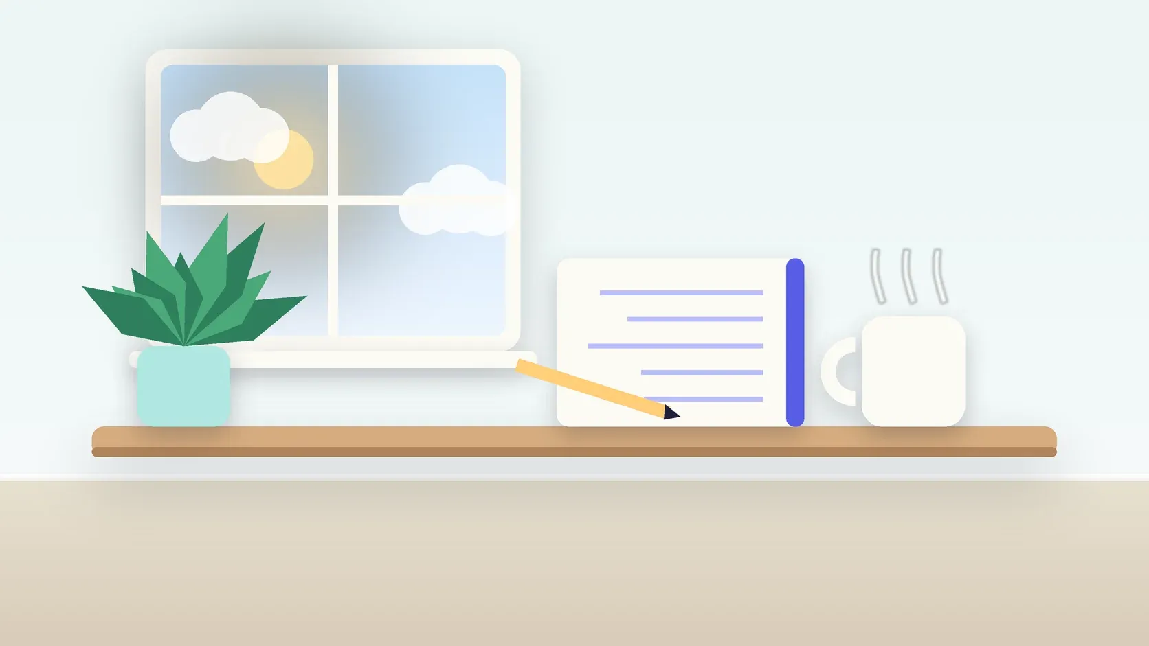 Illustration of a calm desk scene with a steaming mug, an open notebook and a plant beside a sunny window