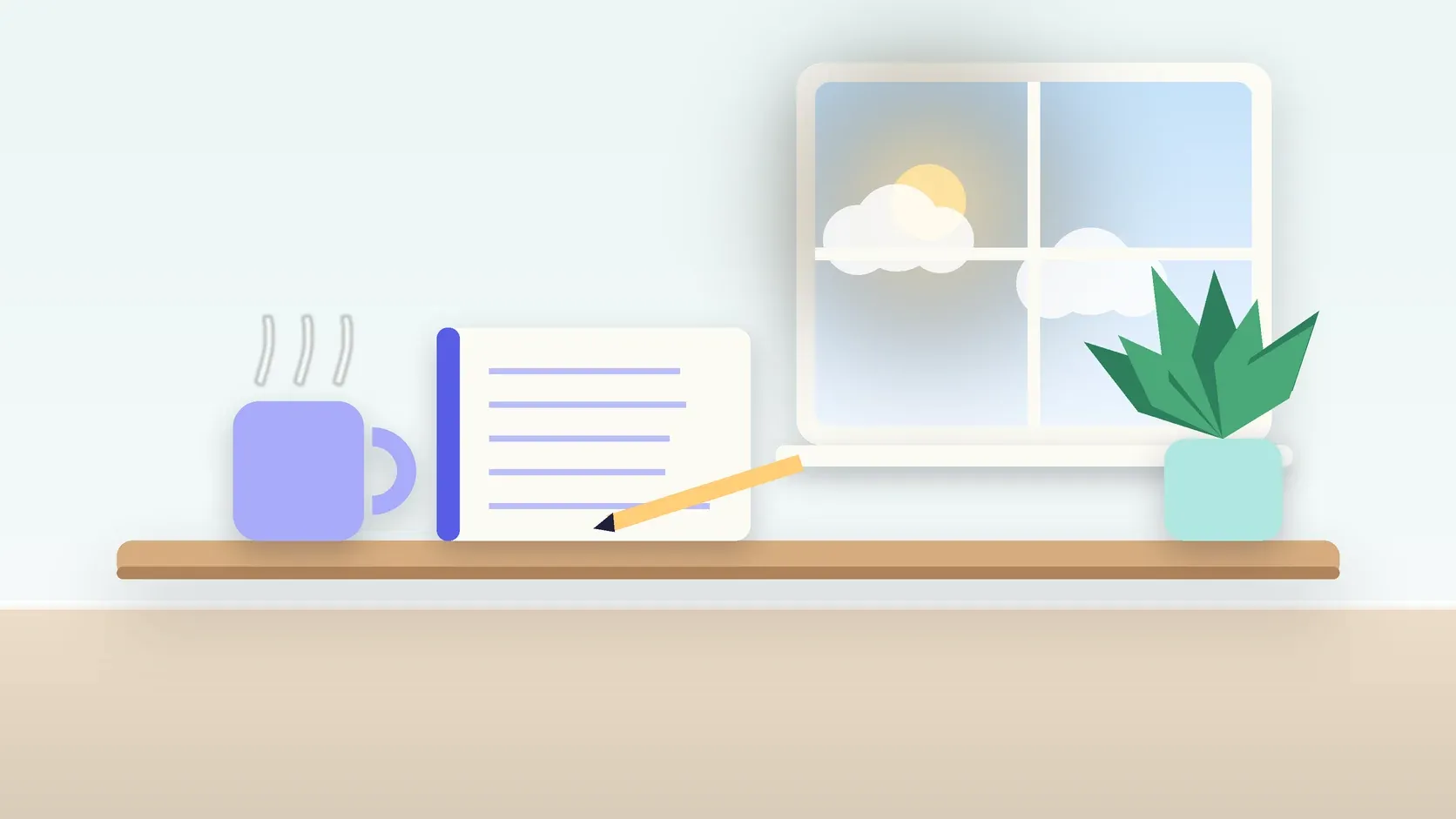 Illustration of a calm desk scene with a steaming mug, an open notebook and a plant beside a sunny window