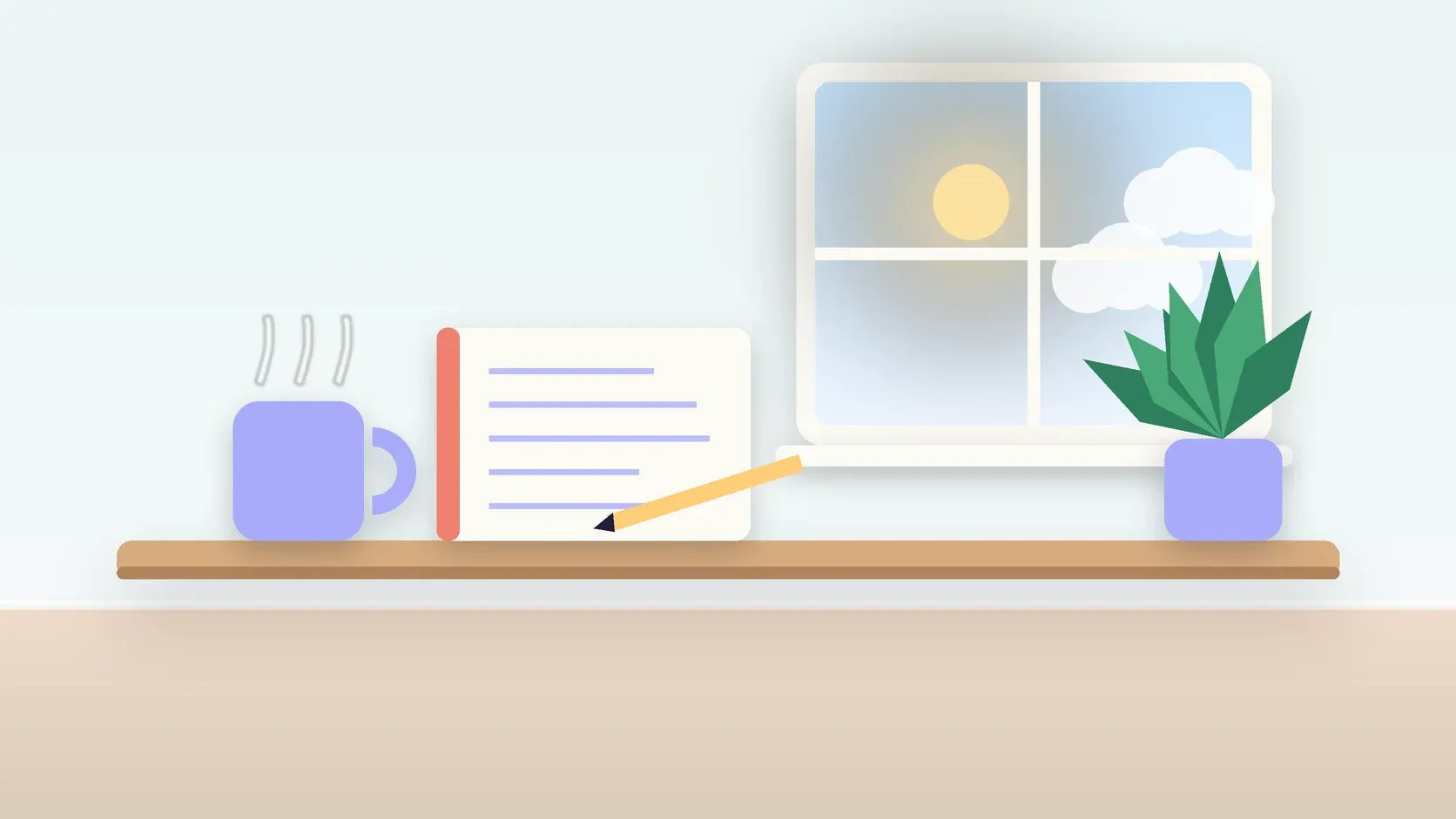 Illustration of a calm desk scene with a steaming mug, an open notebook and a plant beside a sunny window