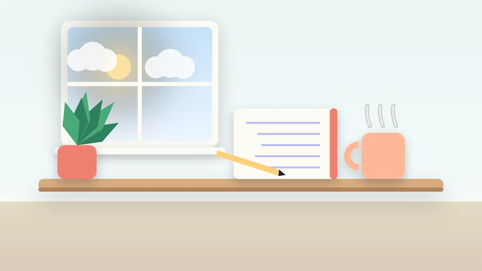 Illustration of a calm desk scene with a steaming mug, an open notebook and a plant beside a sunny window