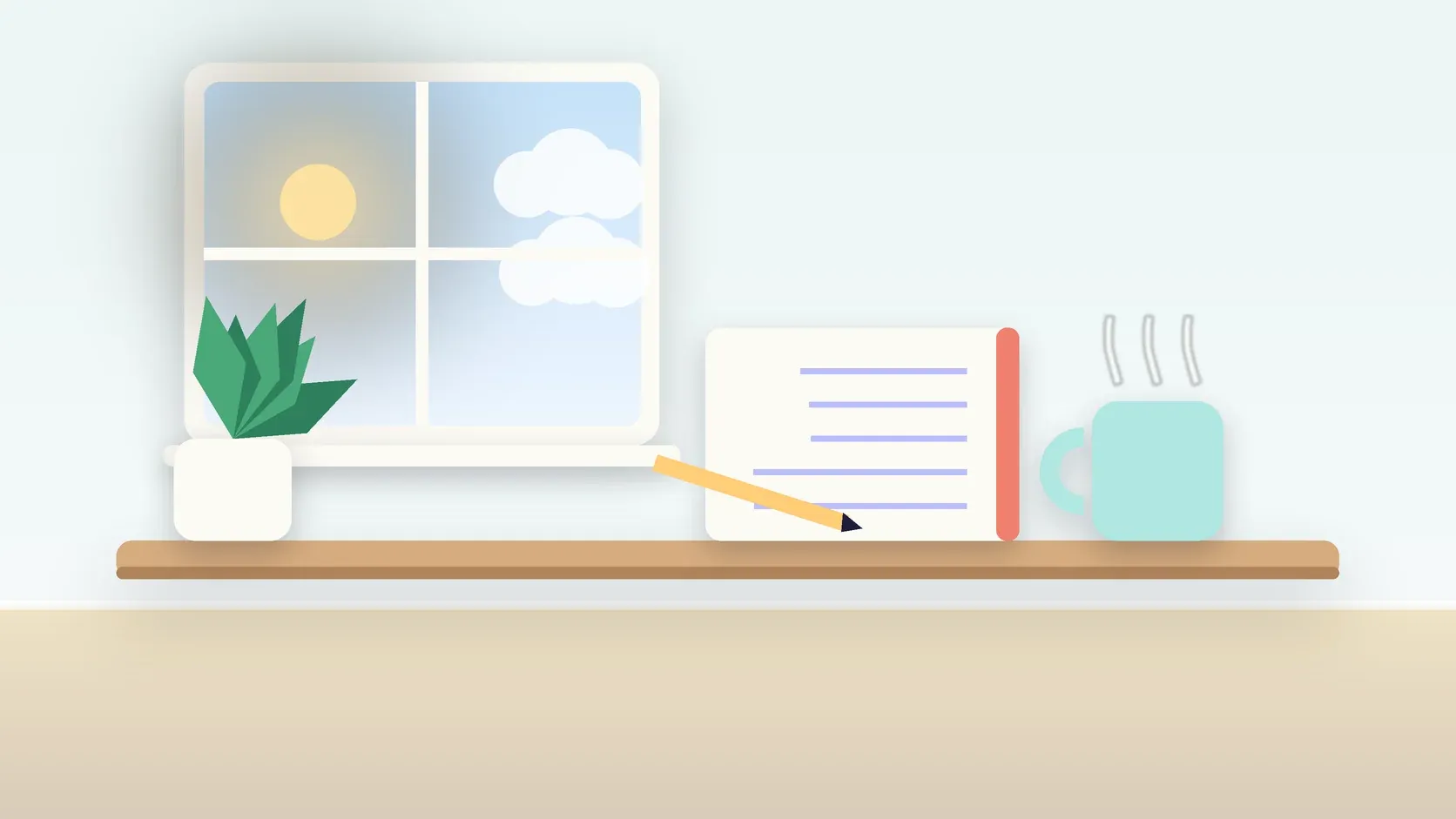 Illustration of a calm desk scene with a steaming mug, an open notebook and a plant beside a sunny window
