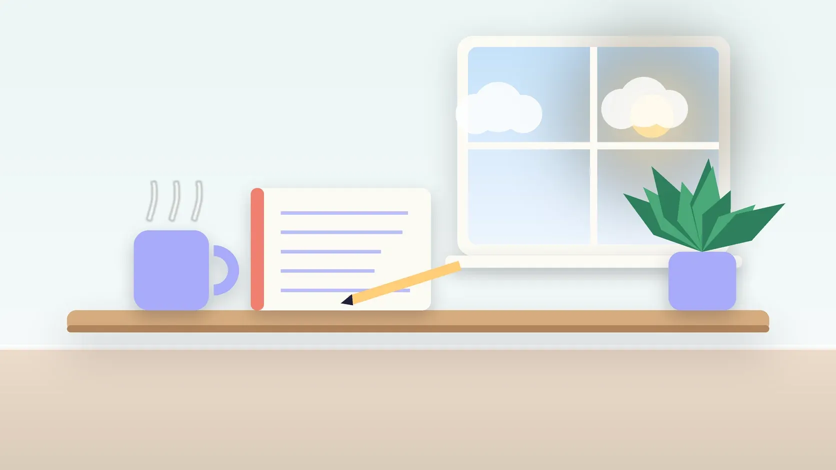 Illustration of a calm desk scene with a steaming mug, an open notebook and a plant beside a sunny window
