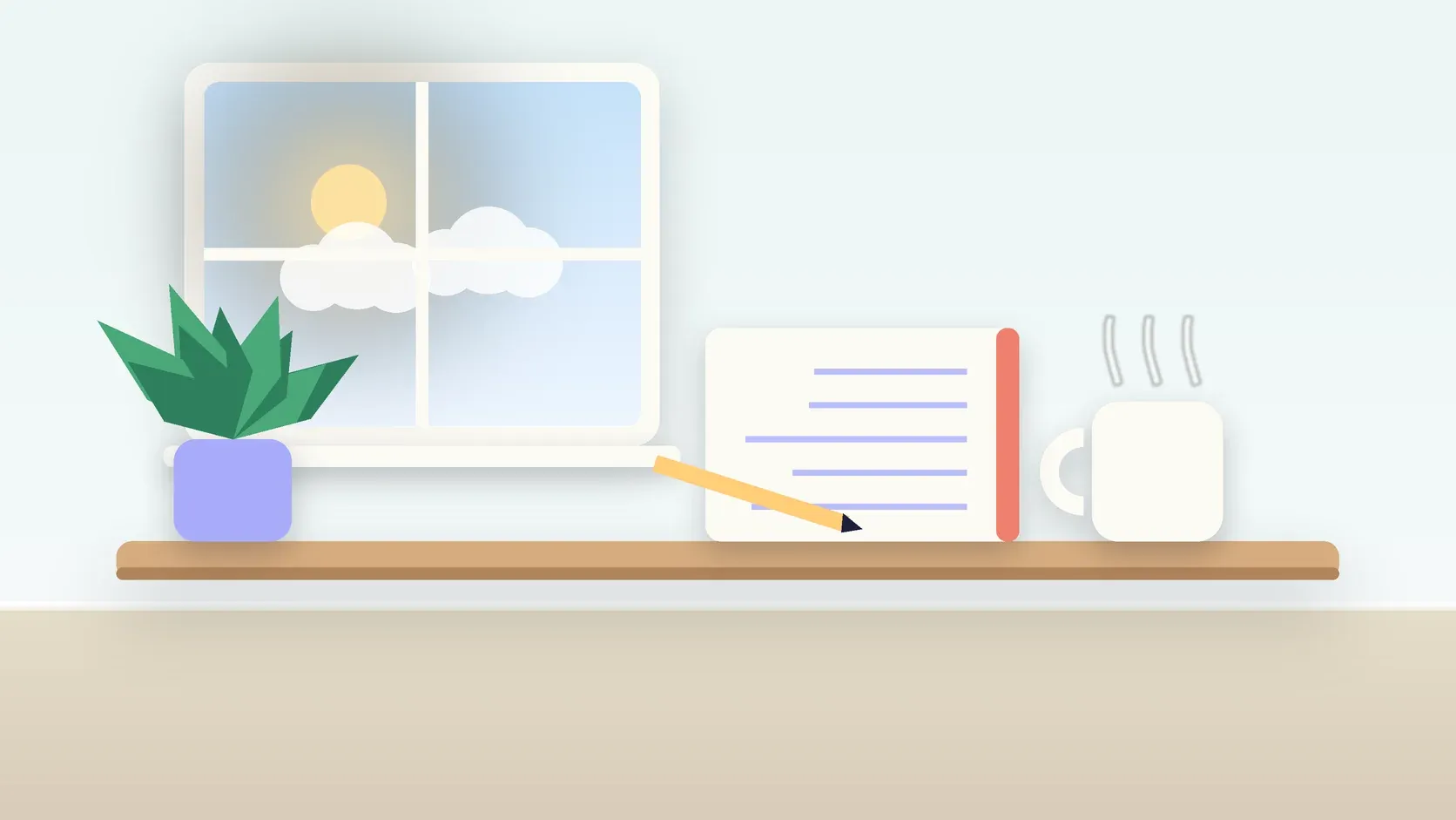 Illustration of a calm desk scene with a steaming mug, an open notebook and a plant beside a sunny window