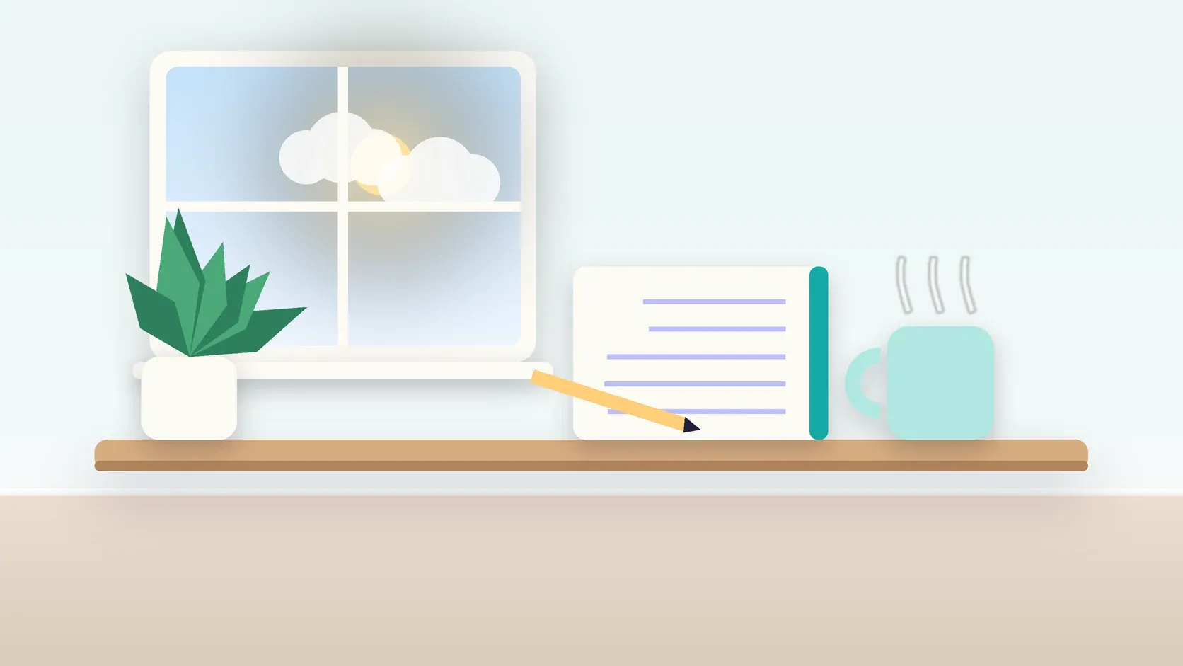Illustration of a calm desk scene with a steaming mug, an open notebook and a plant beside a sunny window