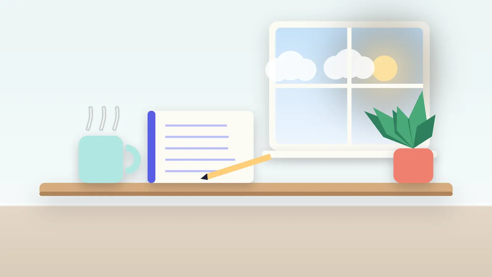 Illustration of a calm desk scene with a steaming mug, an open notebook and a plant beside a sunny window