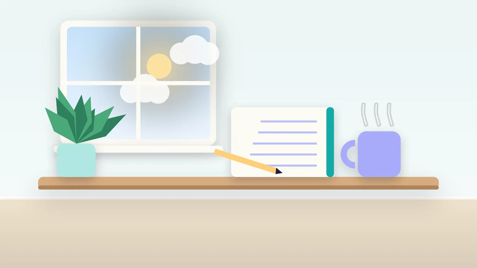 Illustration of a calm desk scene with a steaming mug, an open notebook and a plant beside a sunny window