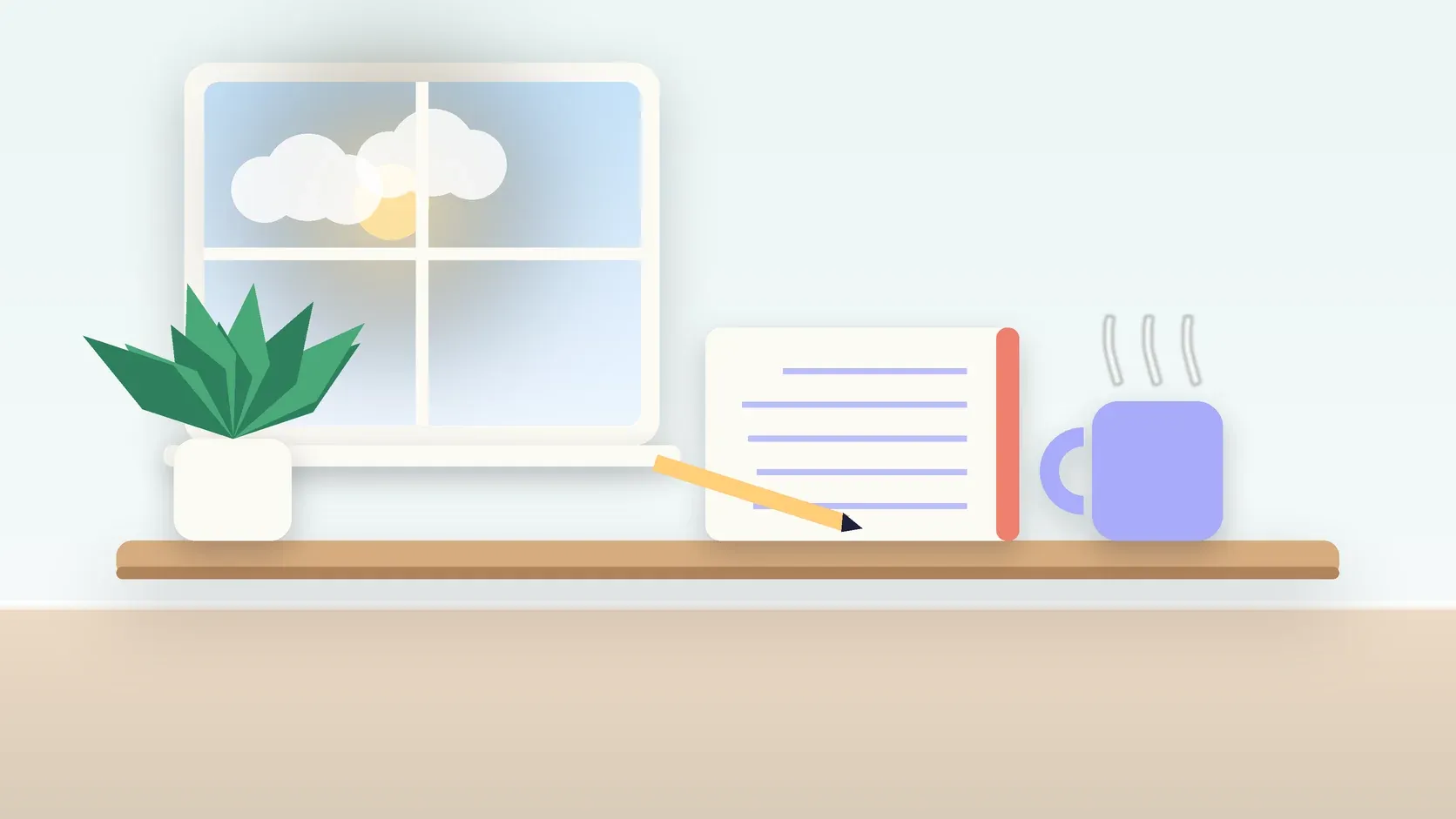 Illustration of a calm desk scene with a steaming mug, an open notebook and a plant beside a sunny window