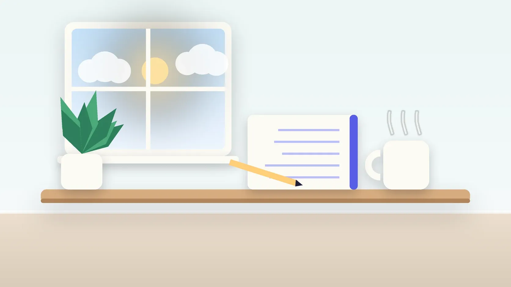 Illustration of a calm desk scene with a steaming mug, an open notebook and a plant beside a sunny window