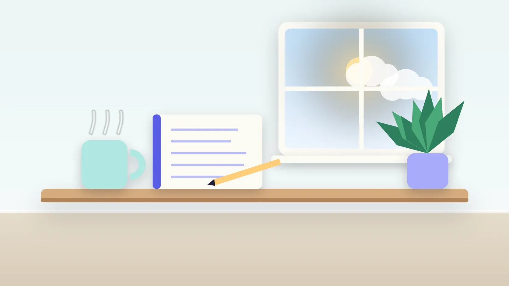 Illustration of a calm desk scene with a steaming mug, an open notebook and a plant beside a sunny window