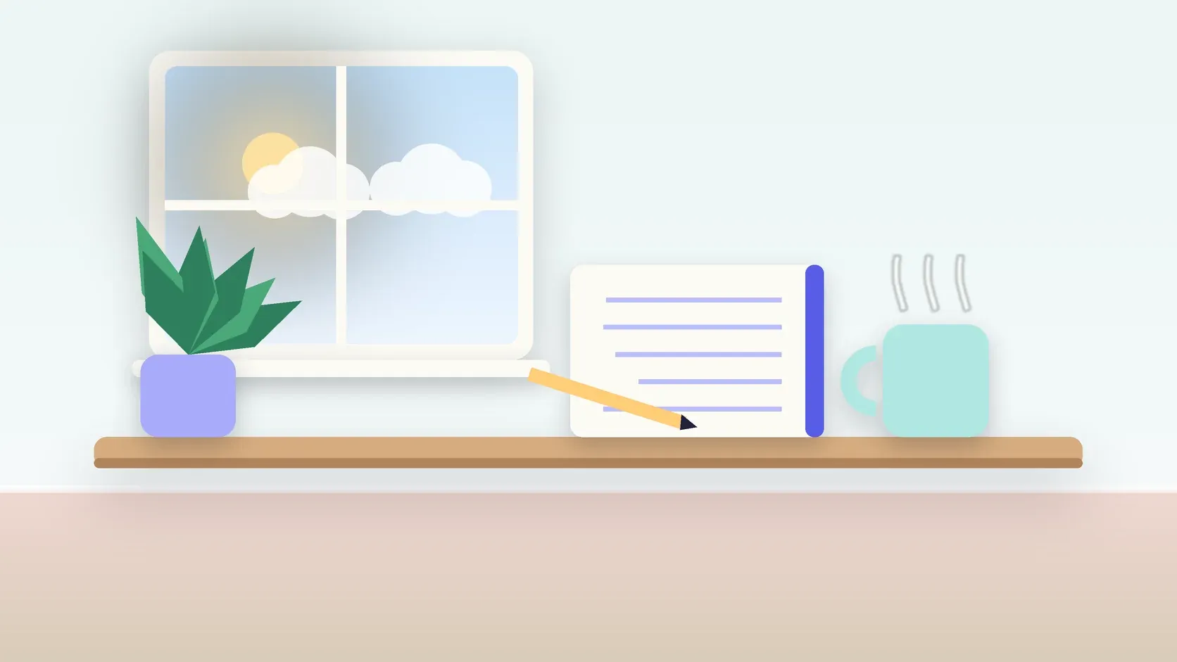 Illustration of a calm desk scene with a steaming mug, an open notebook and a plant beside a sunny window