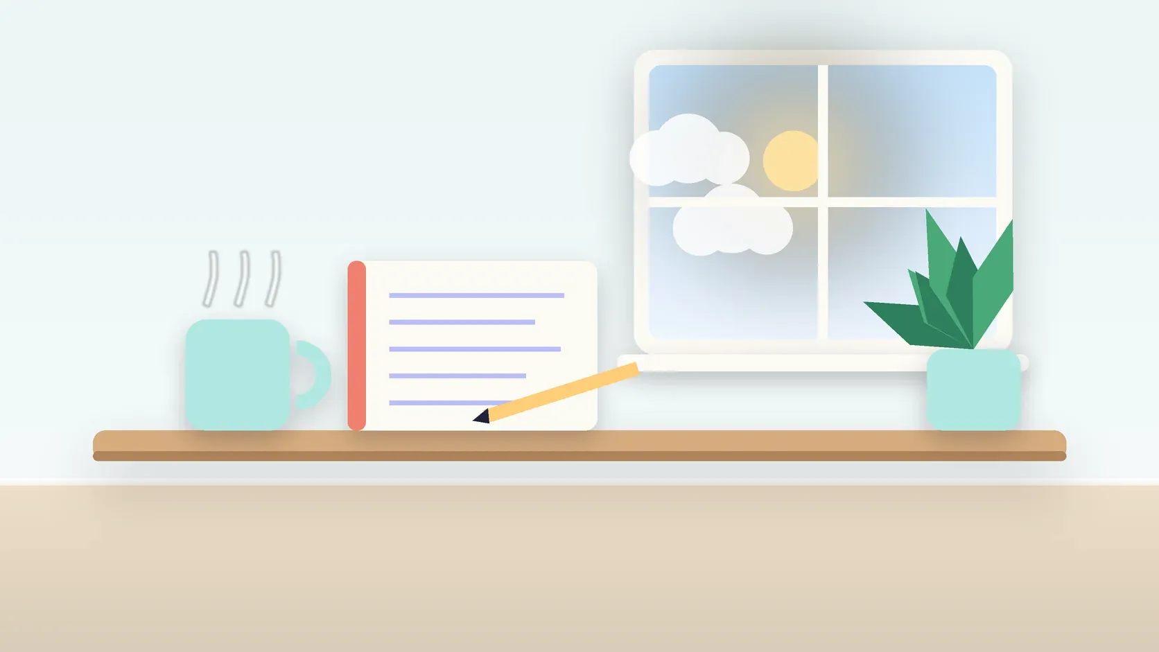 Illustration of a calm desk scene with a steaming mug, an open notebook and a plant beside a sunny window
