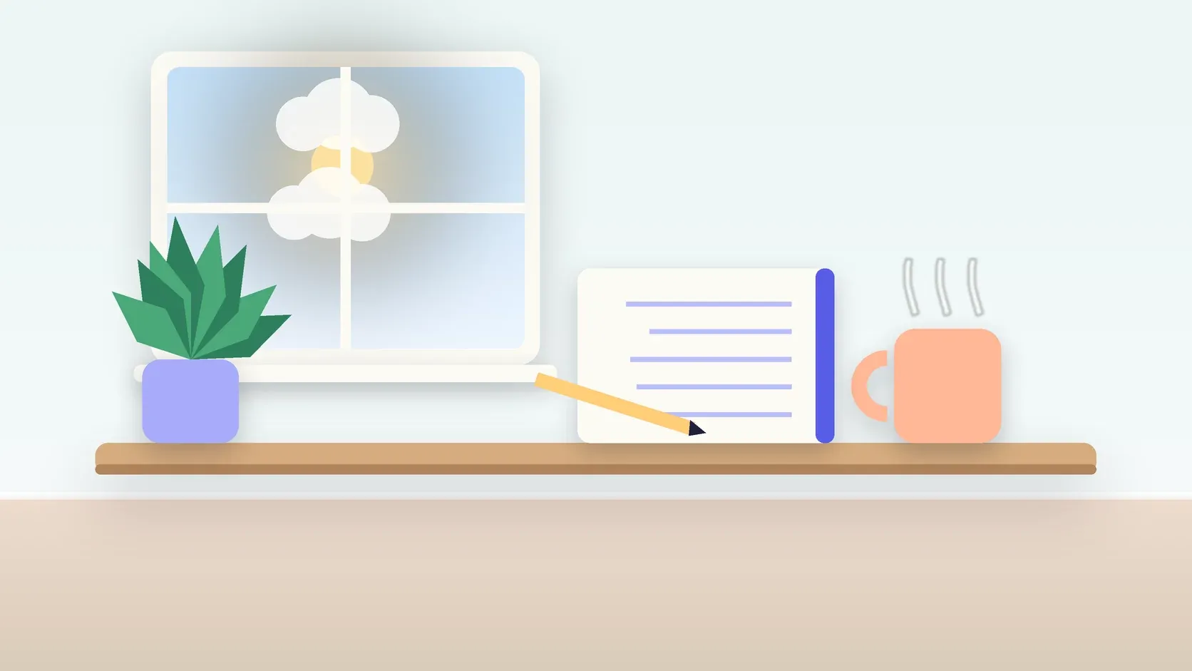 Illustration of a calm desk scene with a steaming mug, an open notebook and a plant beside a sunny window