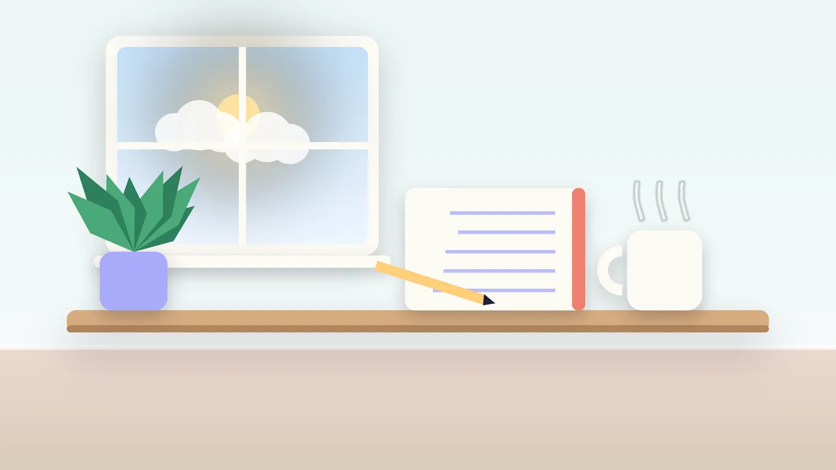 Illustration of a calm desk scene with a steaming mug, an open notebook and a plant beside a sunny window