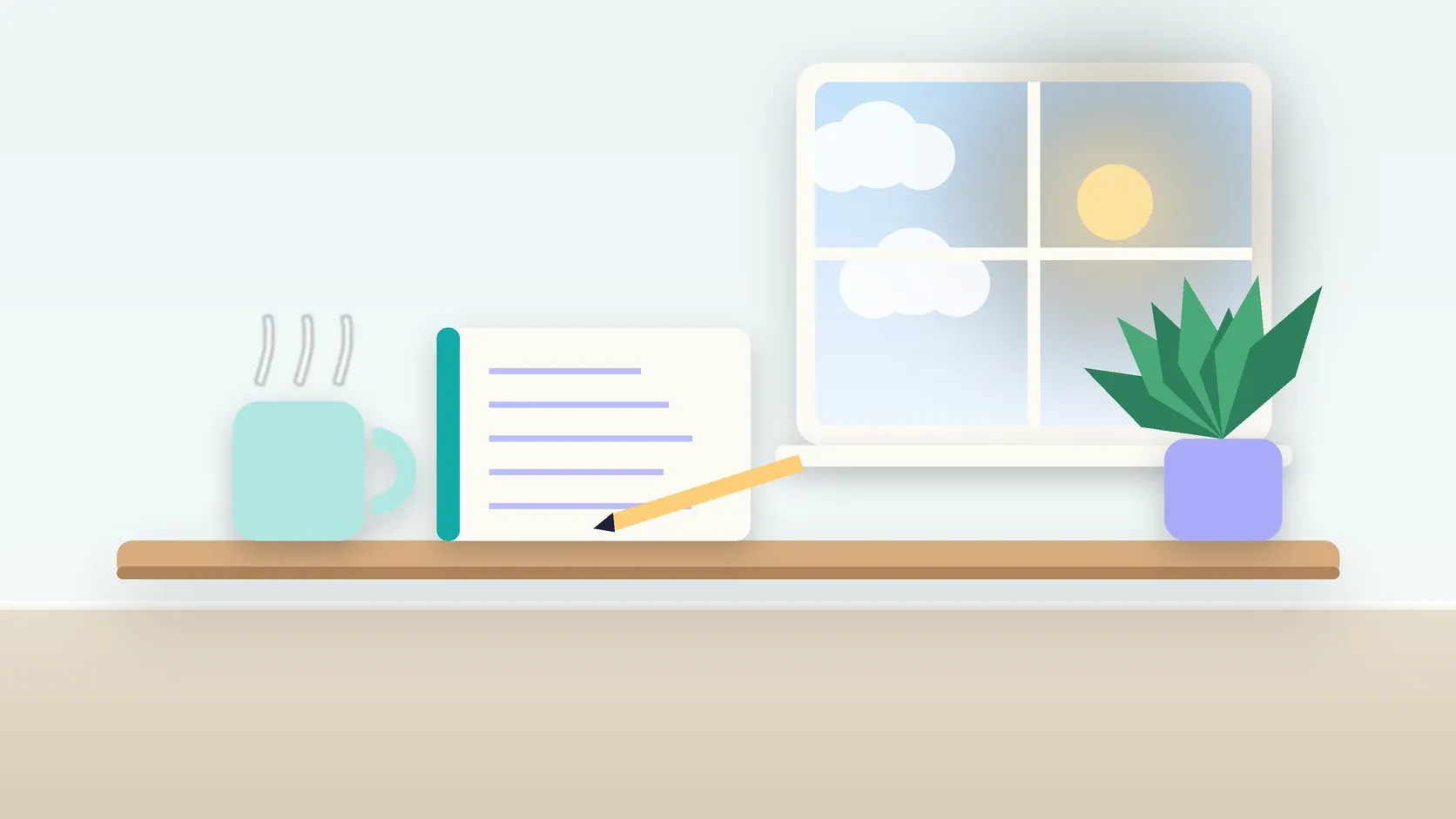 Illustration of a calm desk scene with a steaming mug, an open notebook and a plant beside a sunny window