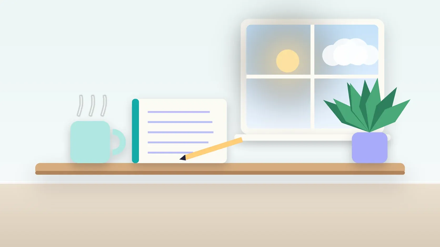 Illustration of a calm desk scene with a steaming mug, an open notebook and a plant beside a sunny window