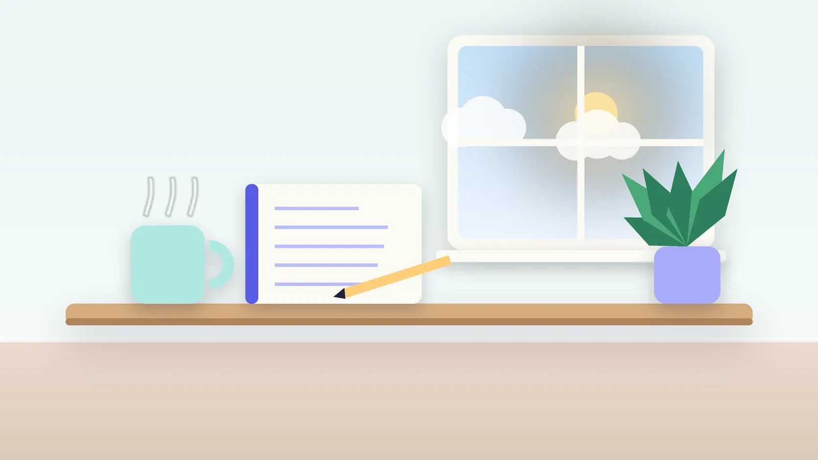 Illustration of a calm desk scene with a steaming mug, an open notebook and a plant beside a sunny window