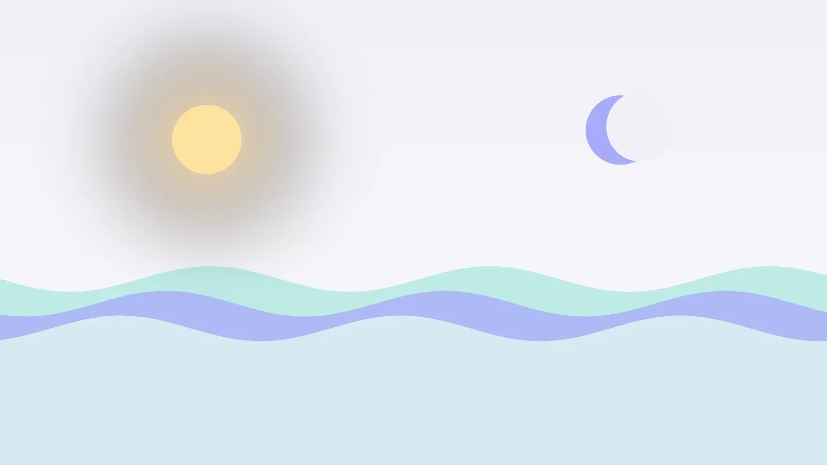 Illustration of a sun and a crescent moon above layered rolling waves, suggesting changes in mood over time