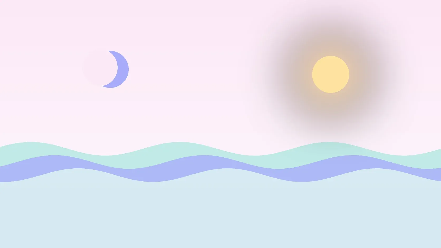 Illustration of a sun and a crescent moon above layered rolling waves, suggesting changes in mood over time