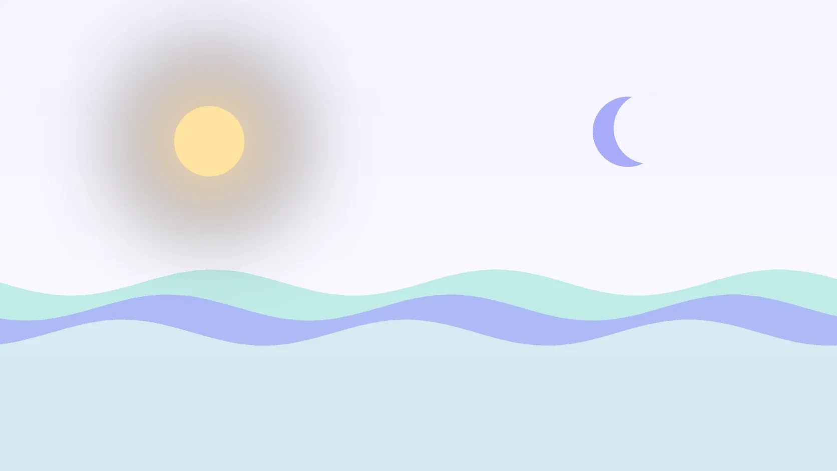 Illustration of a sun and a crescent moon above layered rolling waves, suggesting changes in mood over time