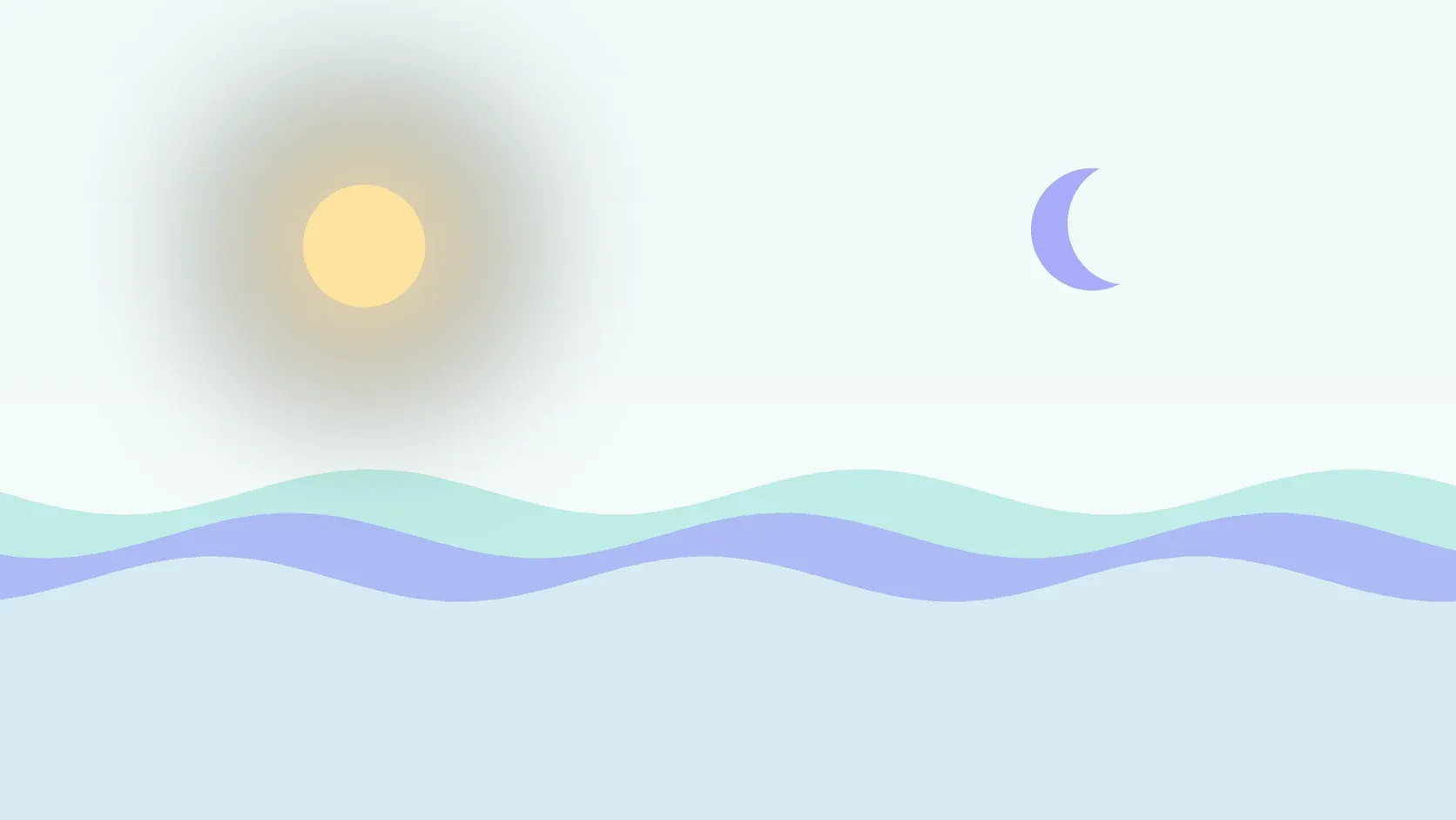 Illustration of a sun and a crescent moon above layered rolling waves, suggesting changes in mood over time