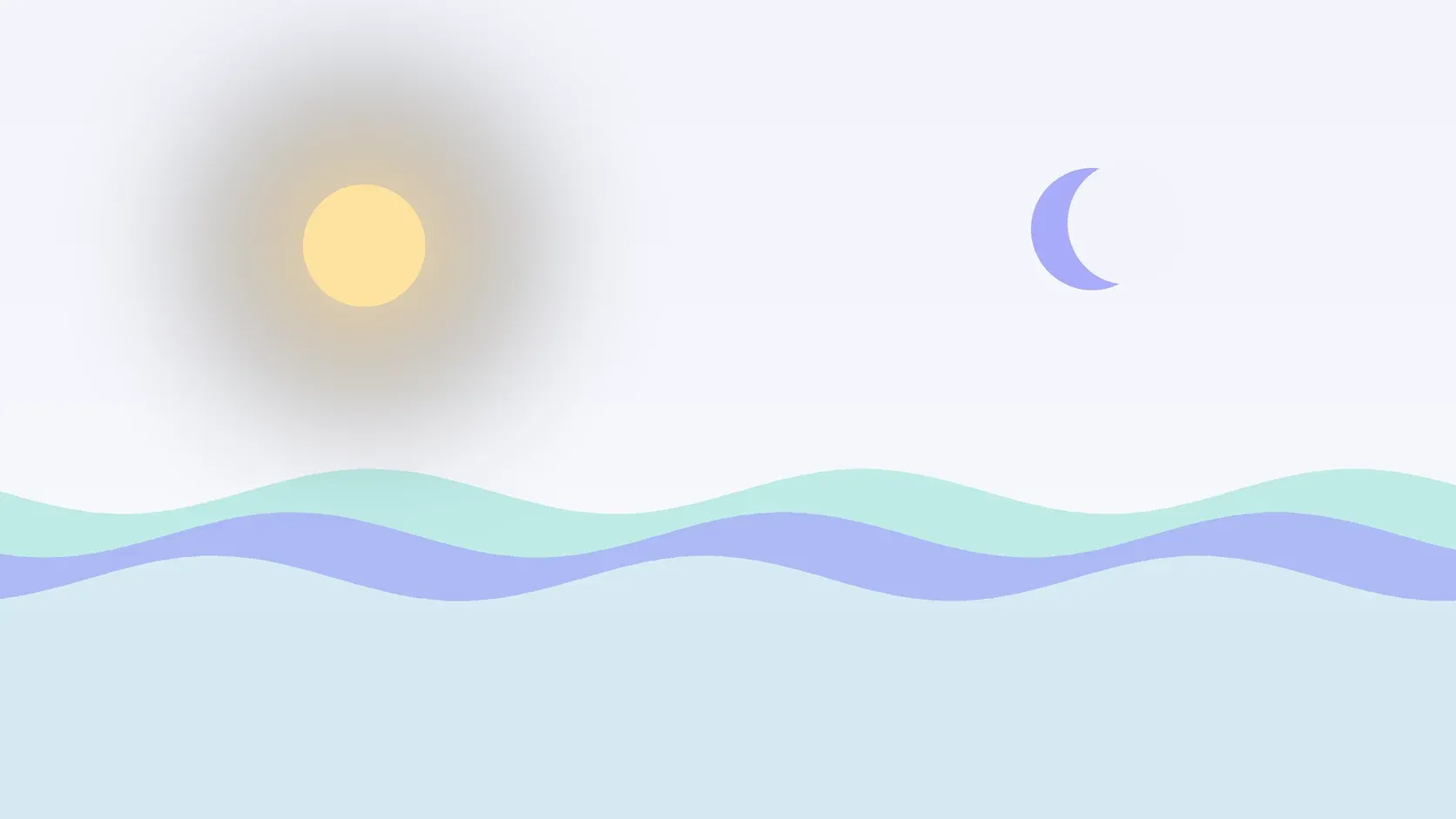 Illustration of a sun and a crescent moon above layered rolling waves, suggesting changes in mood over time