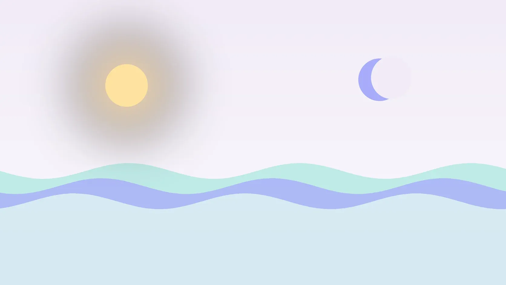 Illustration of a sun and a crescent moon above layered rolling waves, suggesting changes in mood over time