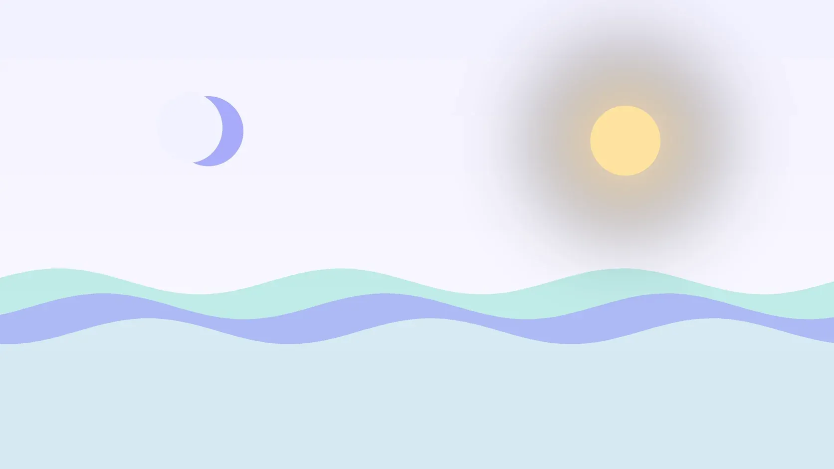 Illustration of a sun and a crescent moon above layered rolling waves, suggesting changes in mood over time