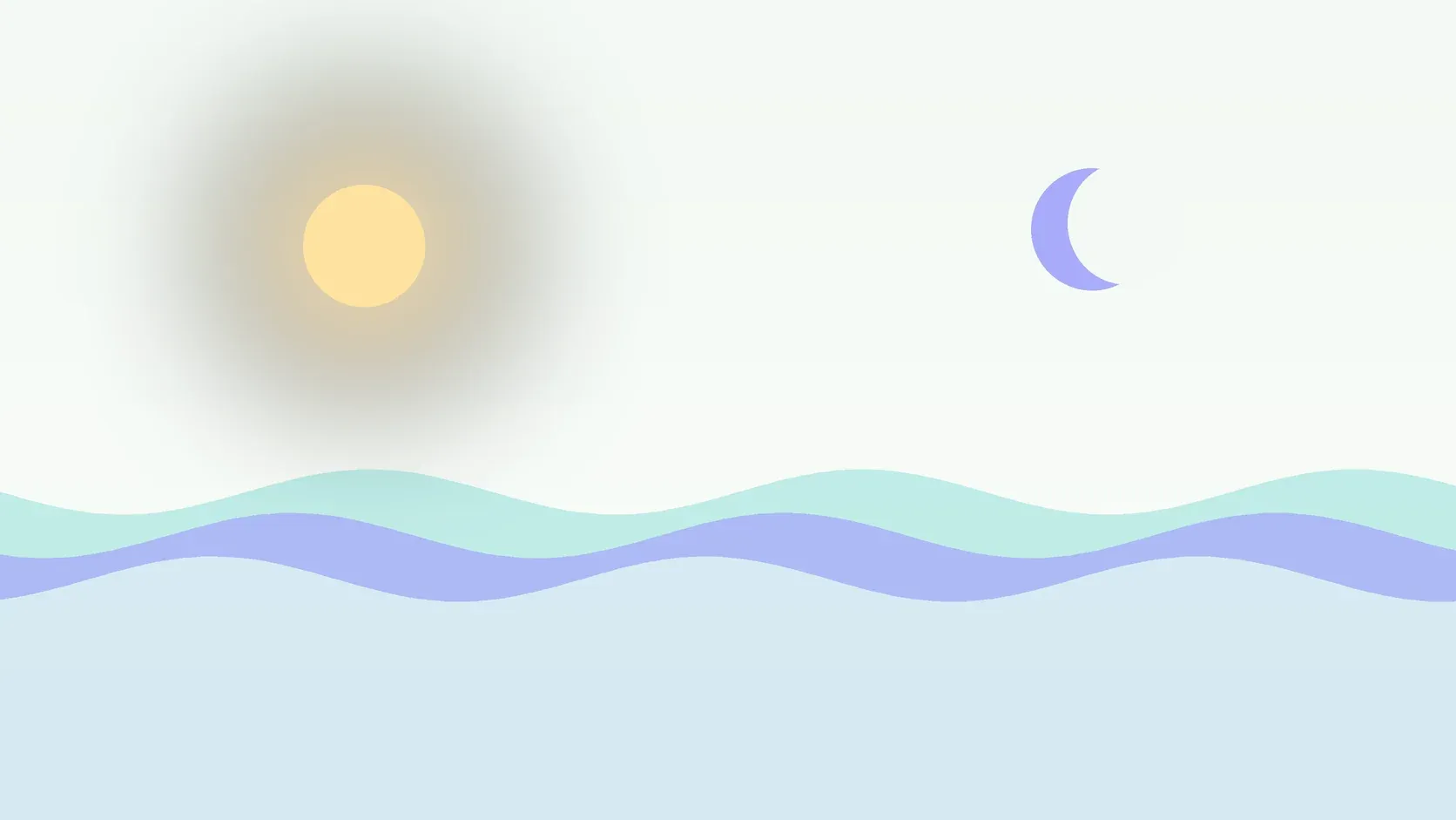 Illustration of a sun and a crescent moon above layered rolling waves, suggesting changes in mood over time