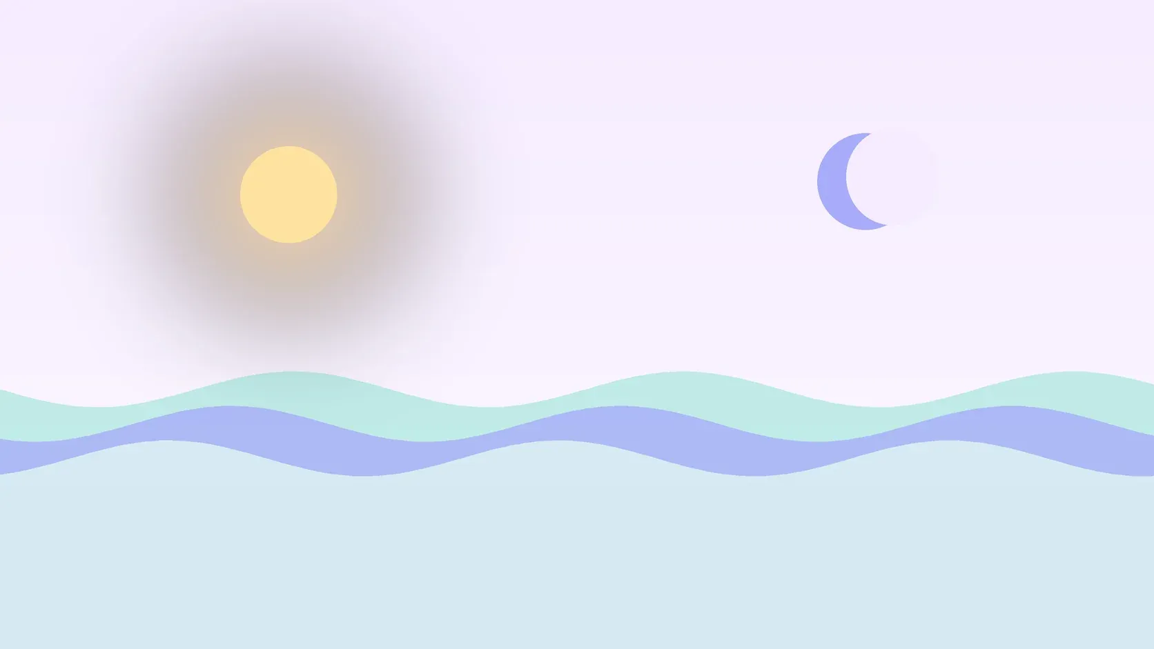 Illustration of a sun and a crescent moon above layered rolling waves, suggesting changes in mood over time