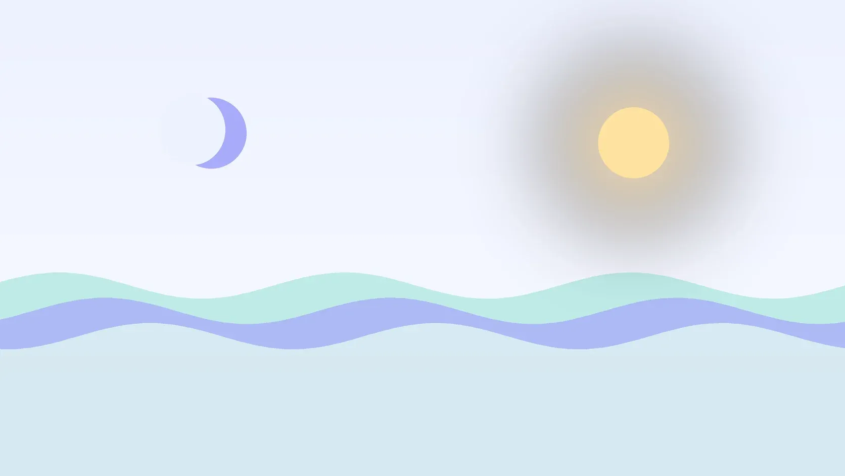 Illustration of a sun and a crescent moon above layered rolling waves, suggesting changes in mood over time
