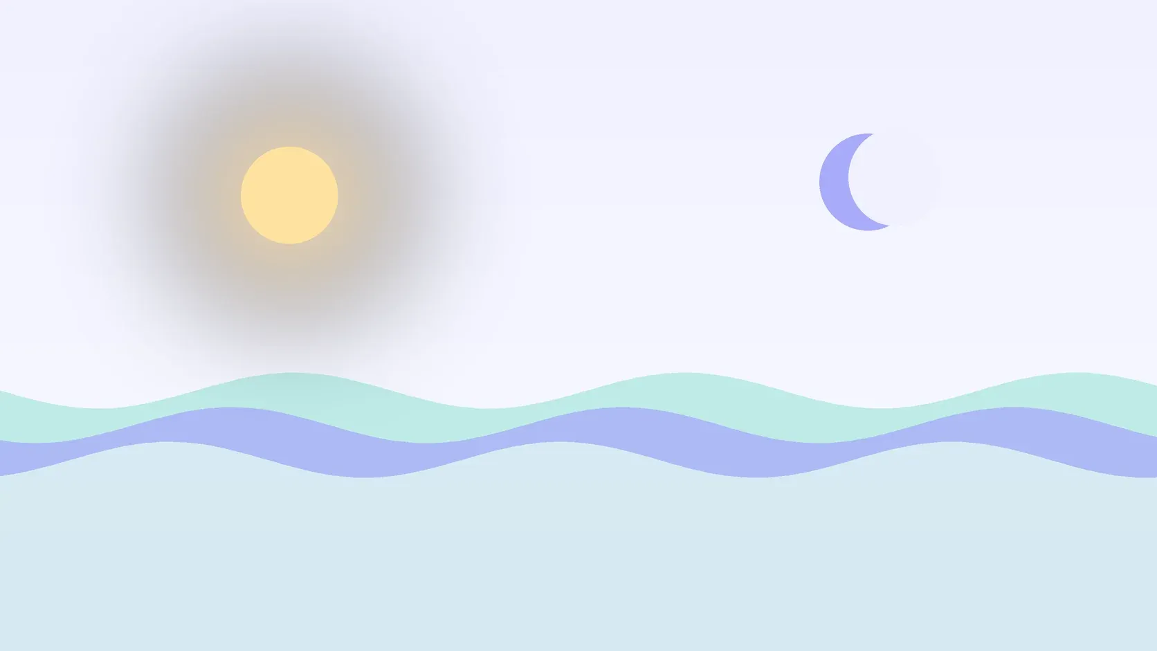 Illustration of a sun and a crescent moon above layered rolling waves, suggesting changes in mood over time