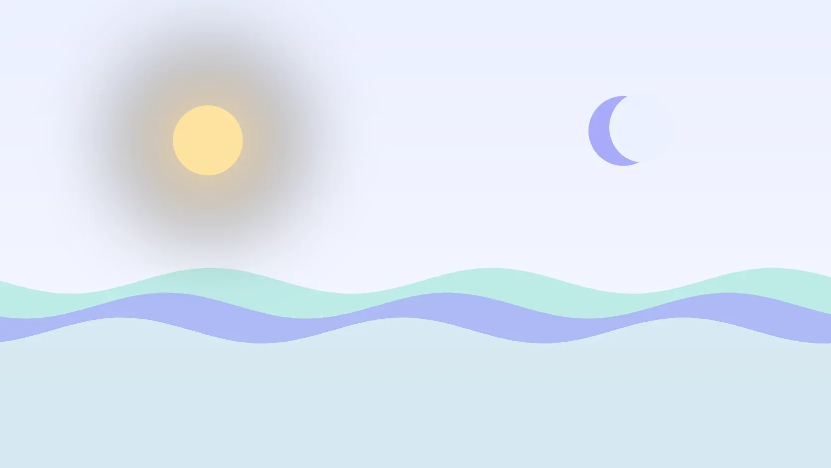 Illustration of a sun and a crescent moon above layered rolling waves, suggesting changes in mood over time