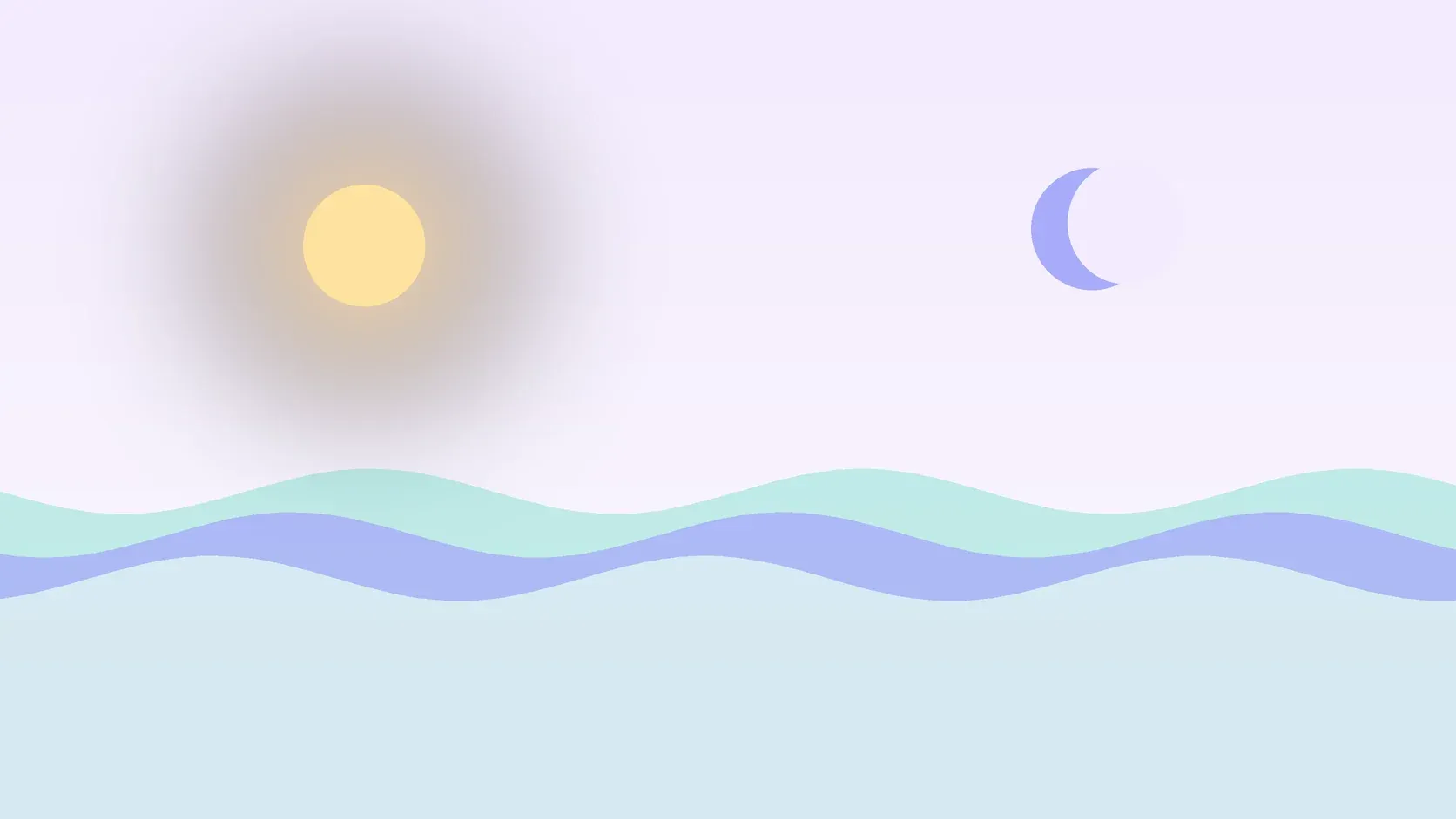 Illustration of a sun and a crescent moon above layered rolling waves, suggesting changes in mood over time