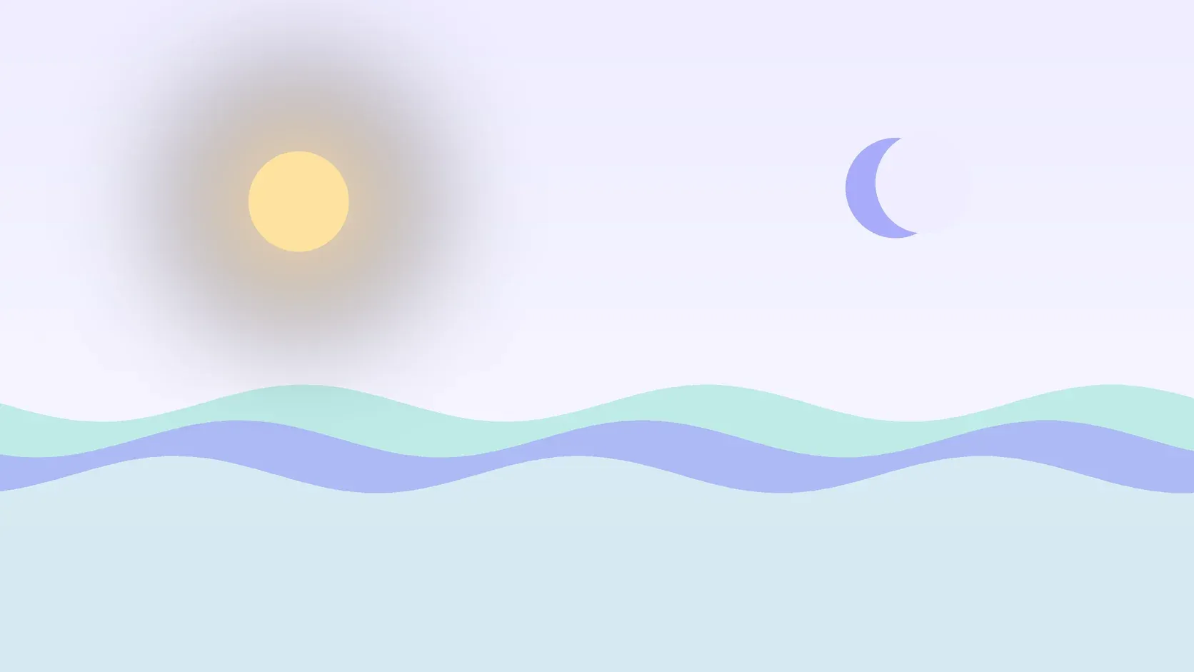 Illustration of a sun and a crescent moon above layered rolling waves, suggesting changes in mood over time