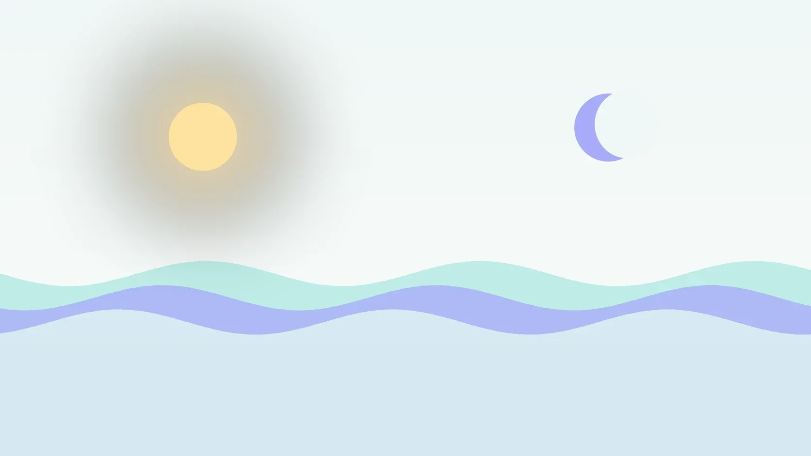 Illustration of a sun and a crescent moon above layered rolling waves, suggesting changes in mood over time