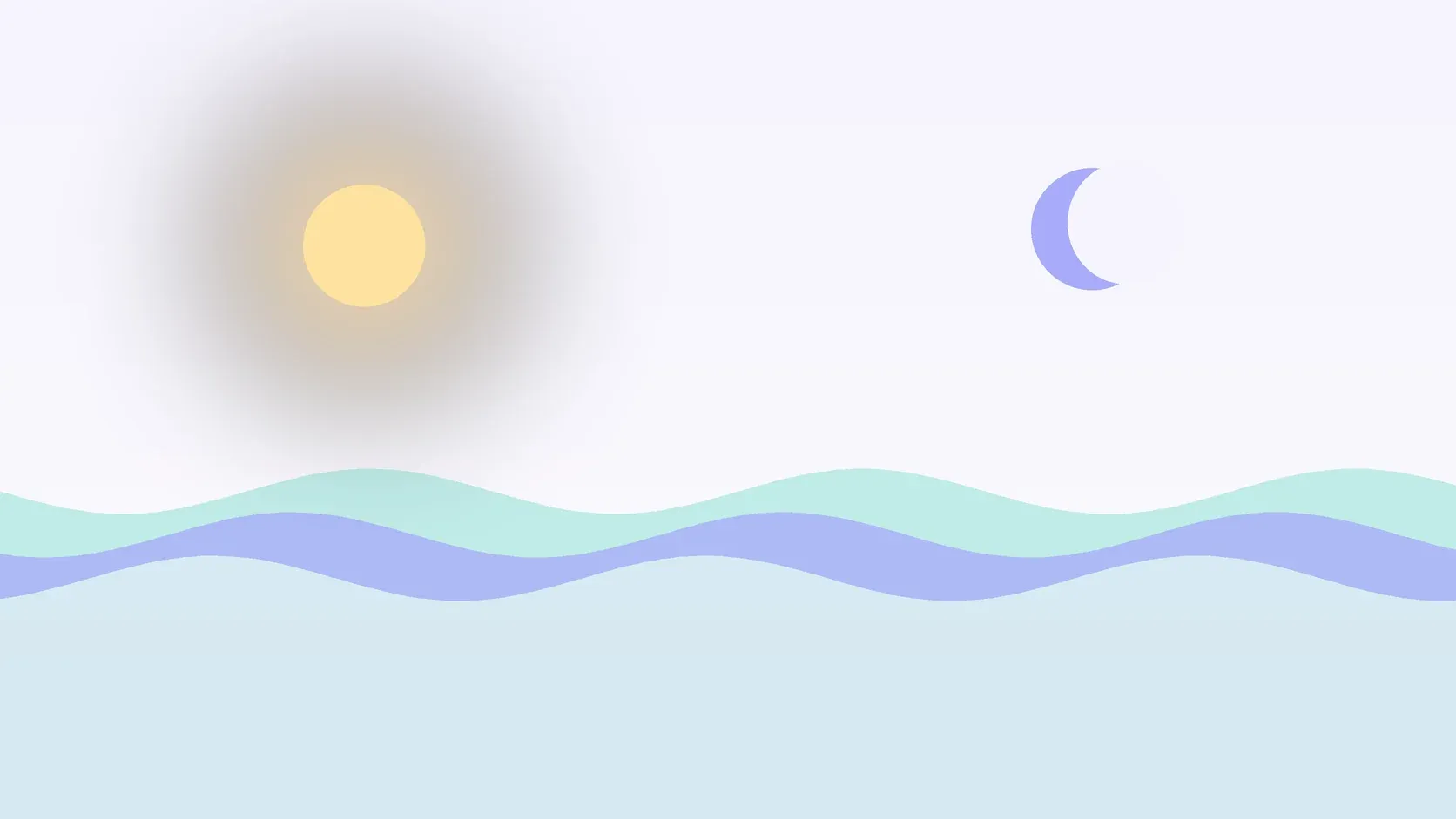 Illustration of a sun and a crescent moon above layered rolling waves, suggesting changes in mood over time