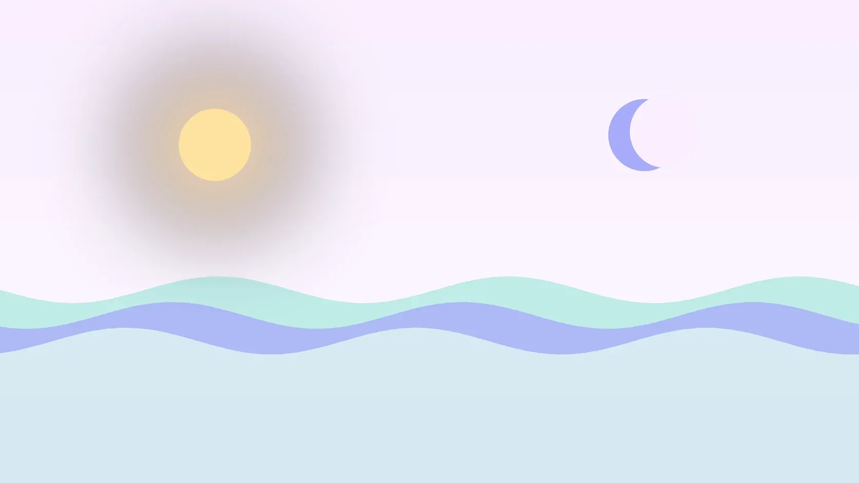 Illustration of a sun and a crescent moon above layered rolling waves, suggesting changes in mood over time