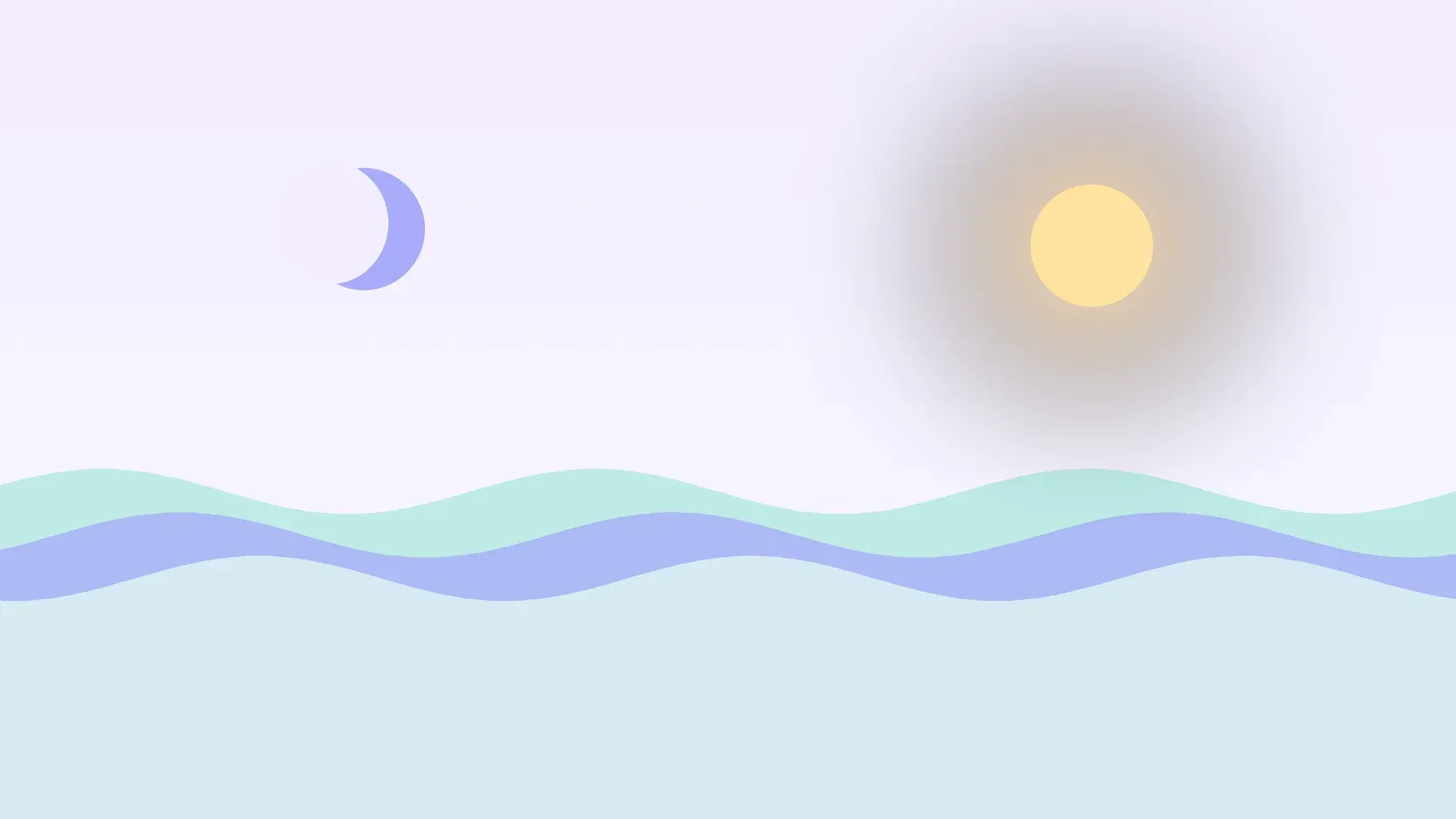 Illustration of a sun and a crescent moon above layered rolling waves, suggesting changes in mood over time